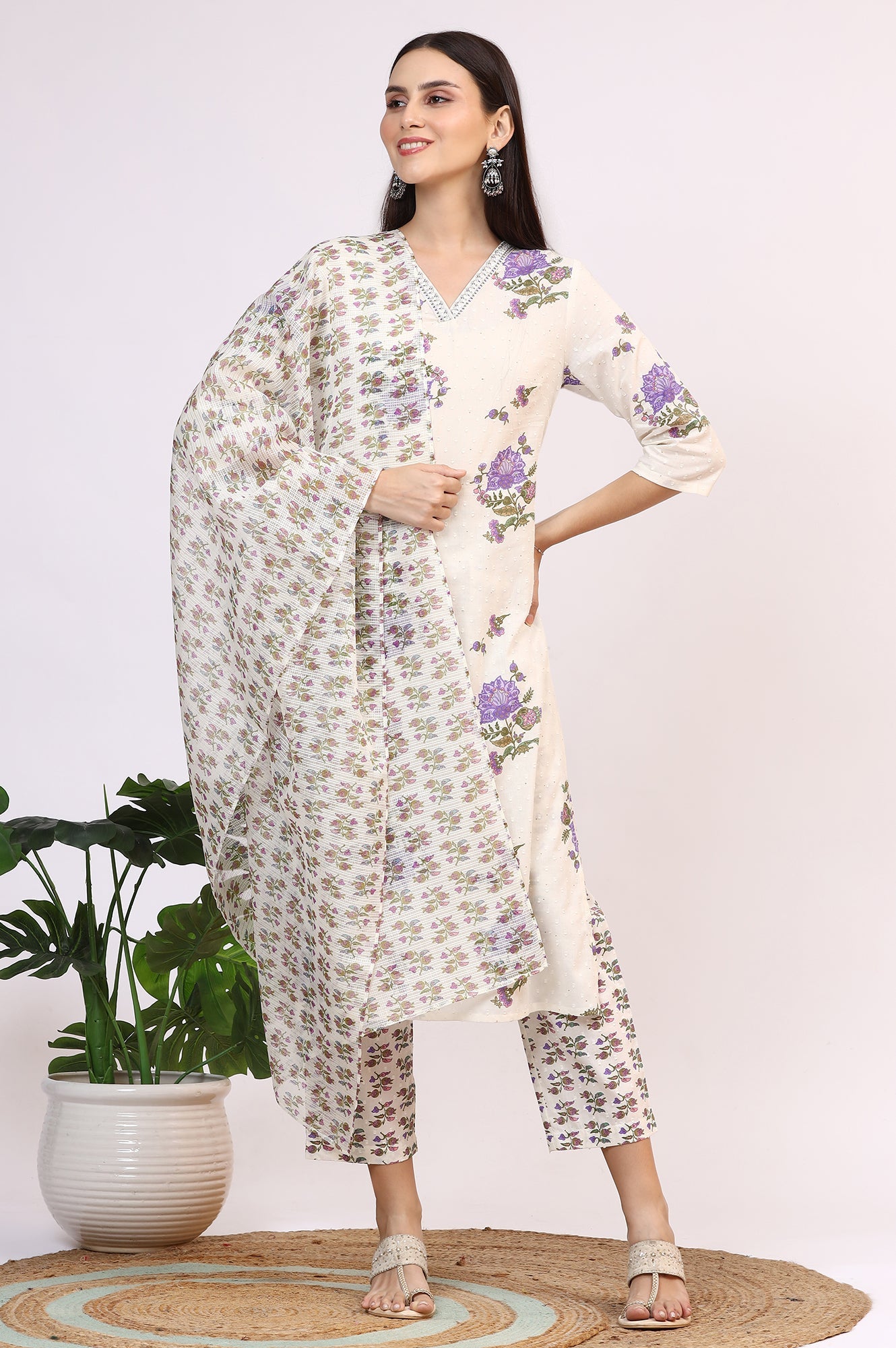 White Floral Printed Pure Cotton Straight Kurta and Pants Co-ord Set with Dupatta