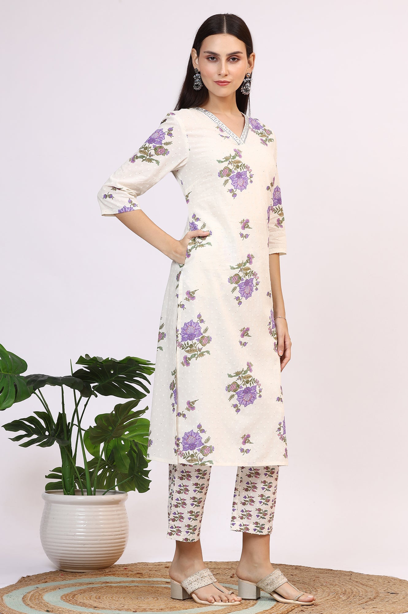 White Floral Printed Pure Cotton Straight Kurta and Pants Co-ord Set with Dupatta