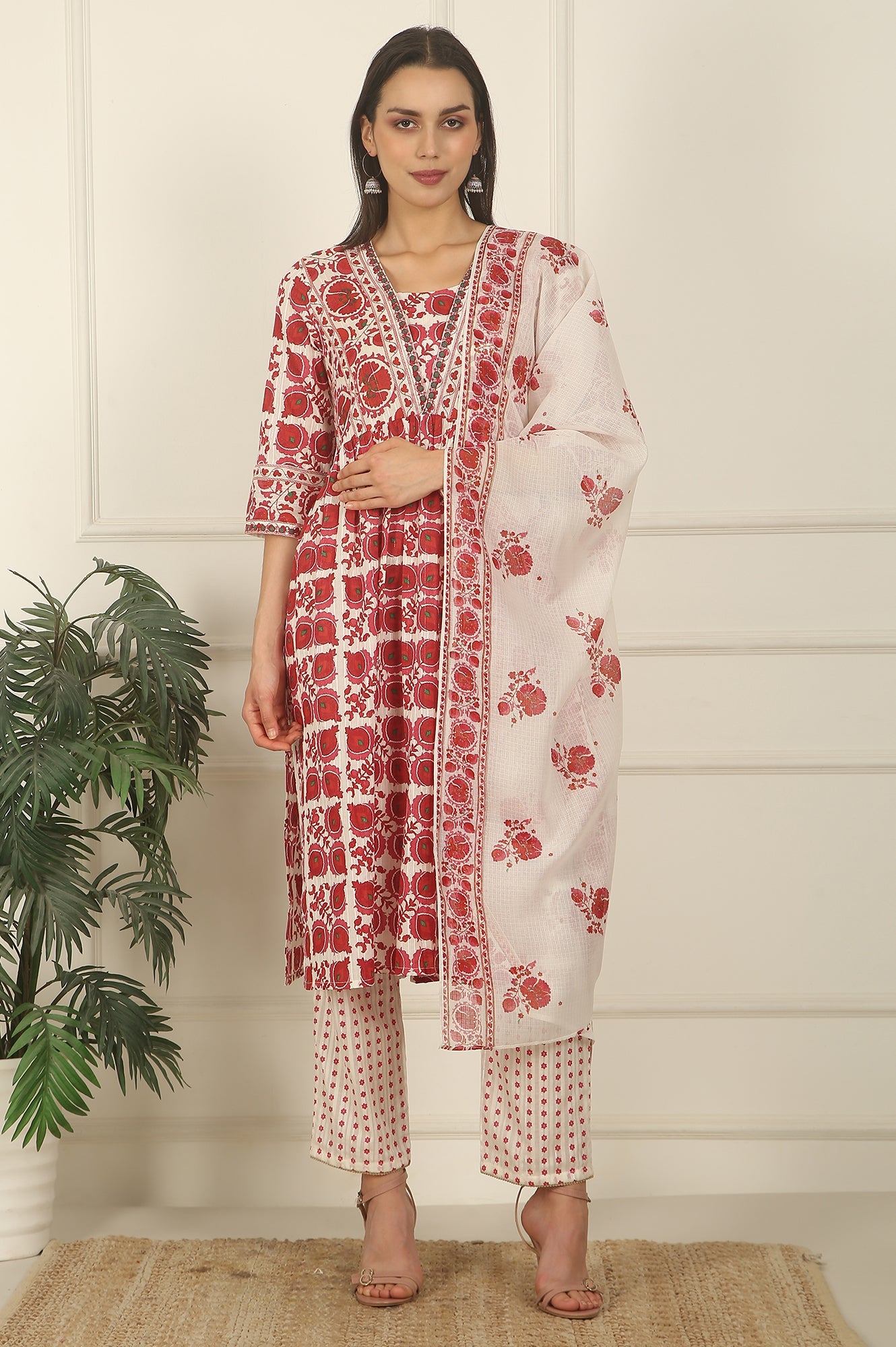 White and Red Printed Gathered Cotton Lurex Kurta, Pants and Dupatta Set