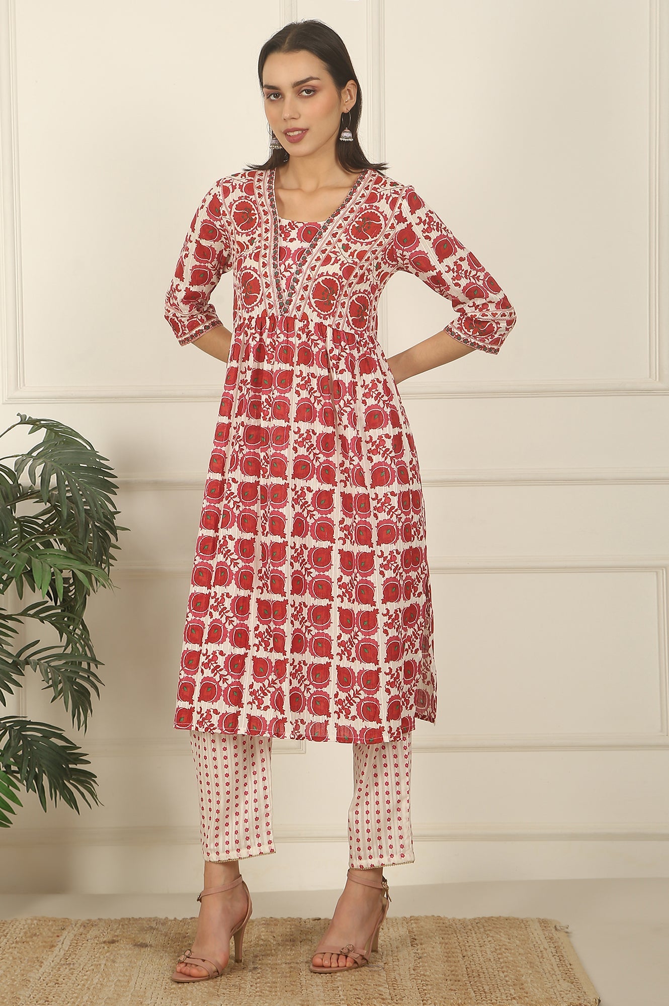 White and Red Printed Gathered Cotton Lurex Kurta, Pants and Dupatta Set