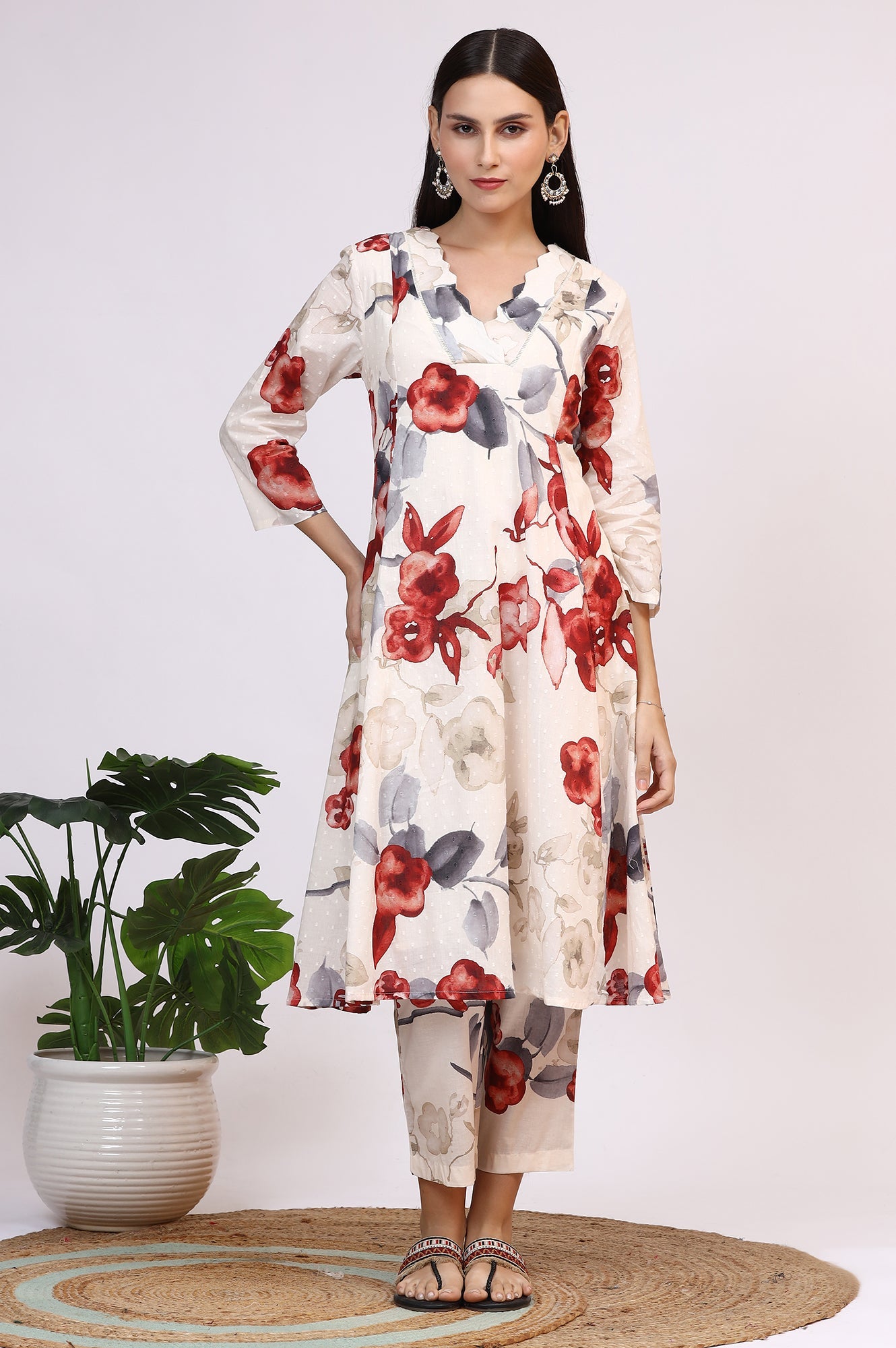 White Bold Floral Printed Pure Cotton Swiss Dot Flared Kurta and Pants Co-ord Set