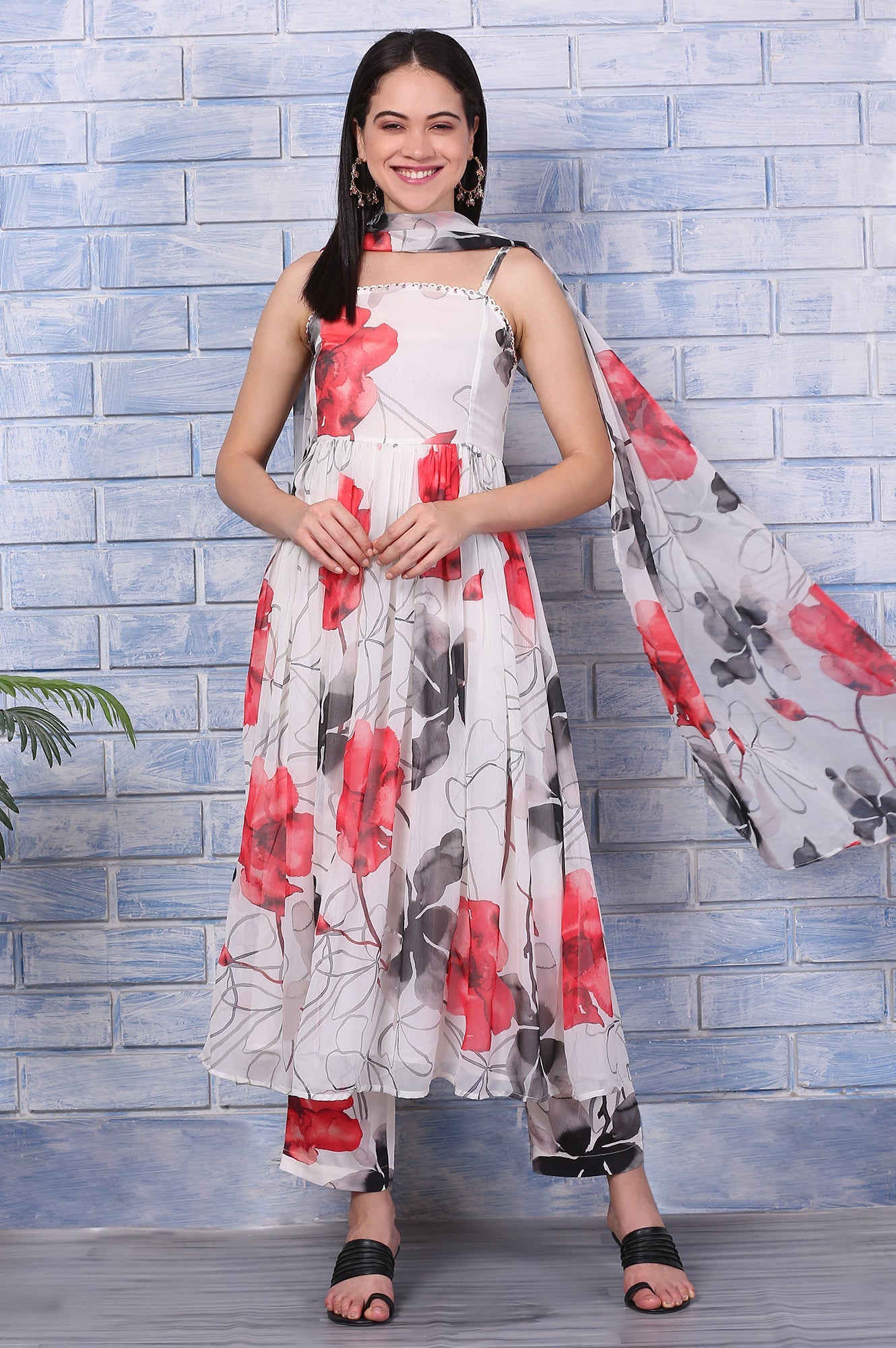White Bold Floral Printed Chiffon Spaghetti Anarkali Kurta, Pants and Dupatta Set