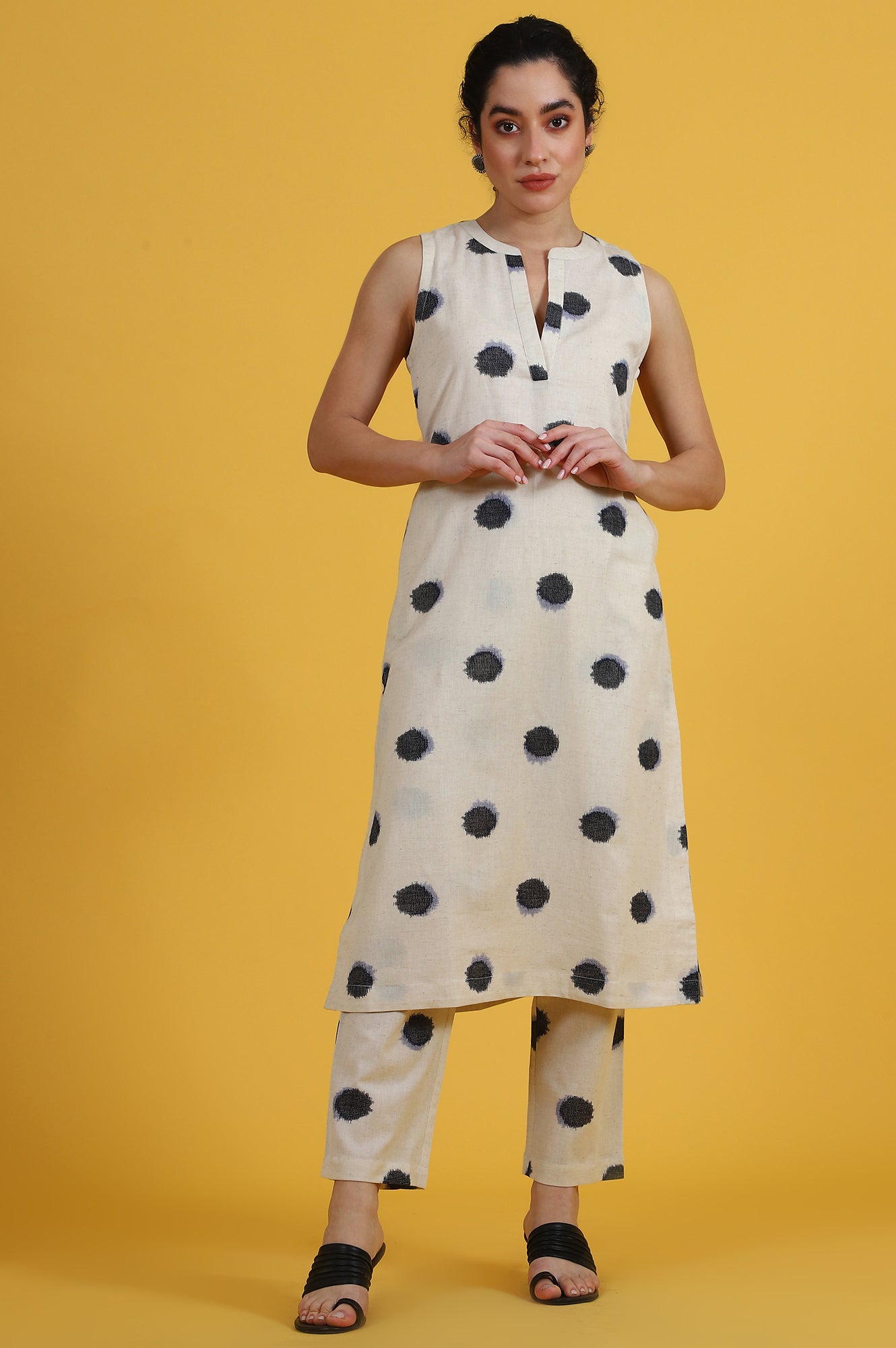 White Polka Dots Cotton Flax A-line Kurta and Pants Co-ord Set