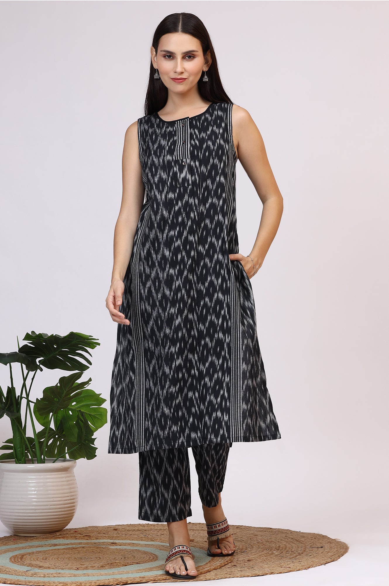 Black Ikkat Pure Cotton Straight Kurta and Pants Co-ord Set