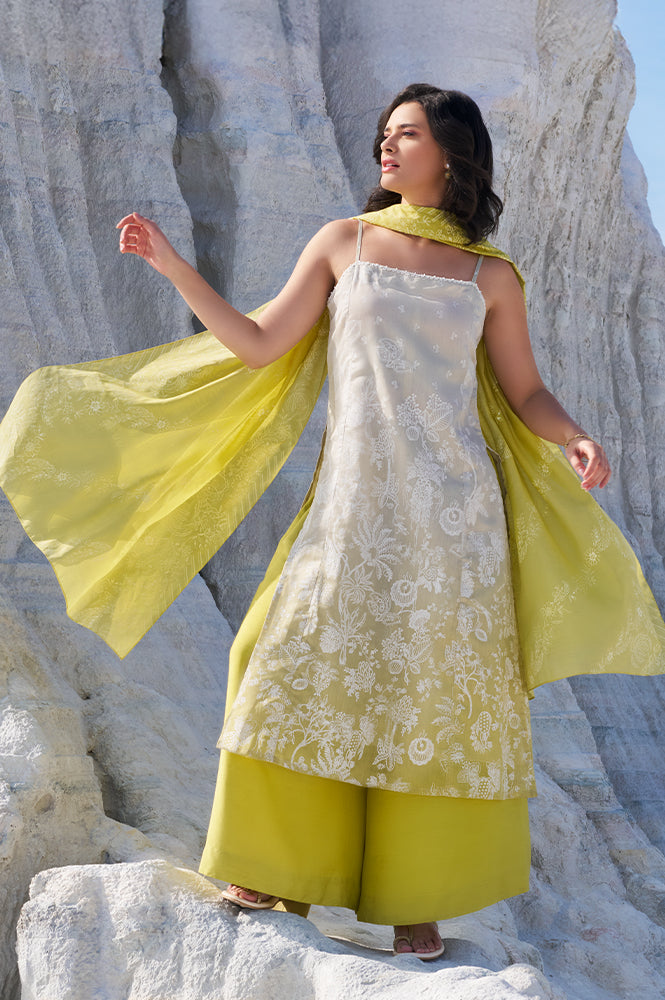 Green Floral Printed Chanderi Spaghetti Straight Kurta, Pants and Dupatta Set