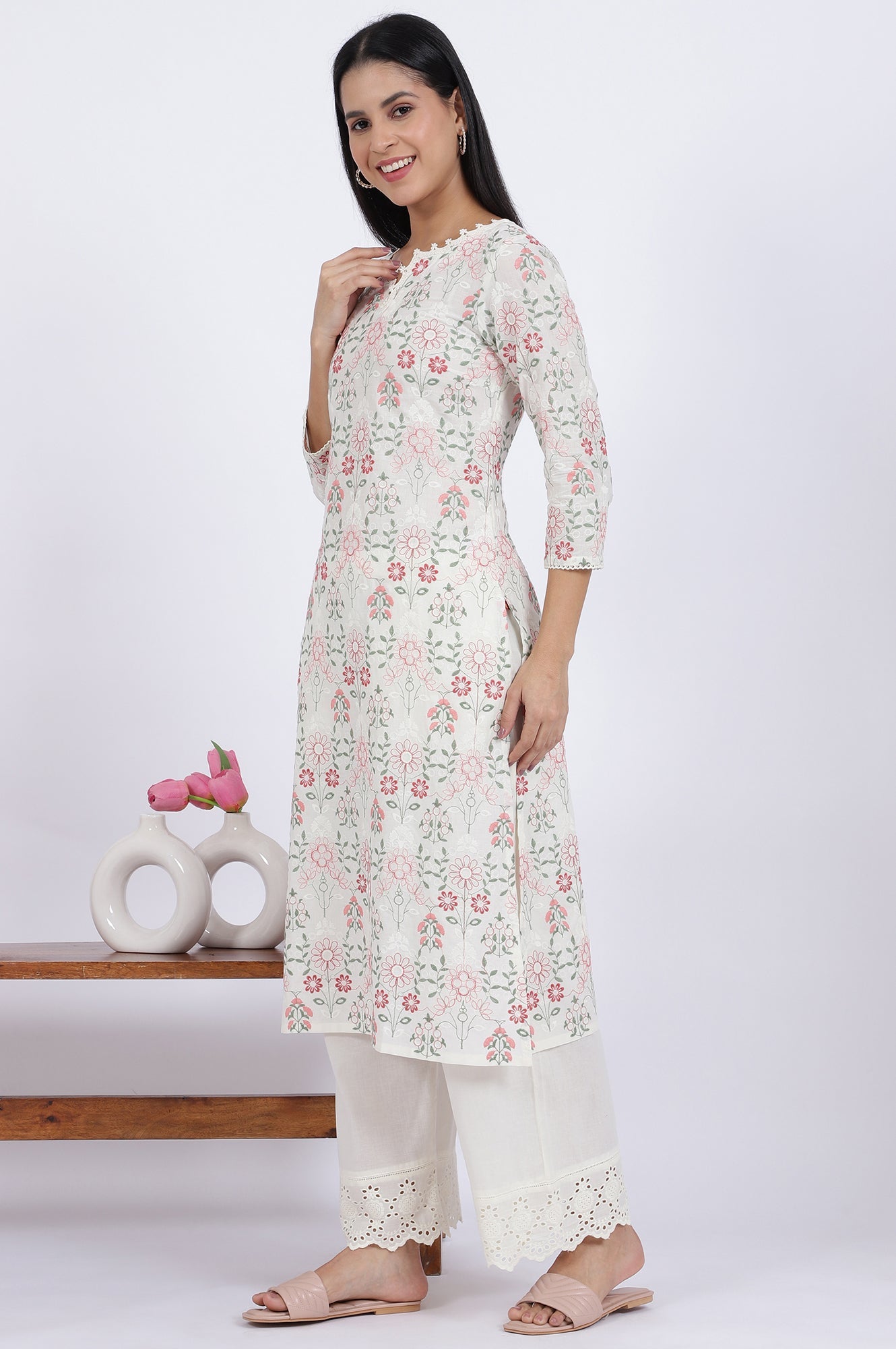 White Flora Printed Lace Pure Cotton Straight Kurta & Parallel Pants With Dupatta Set