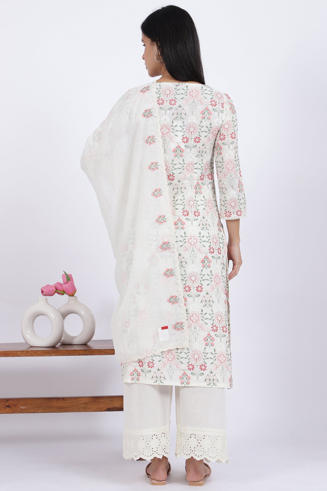 White Flora Printed Lace Pure Cotton Straight Kurta & Parallel Pants With Dupatta Set