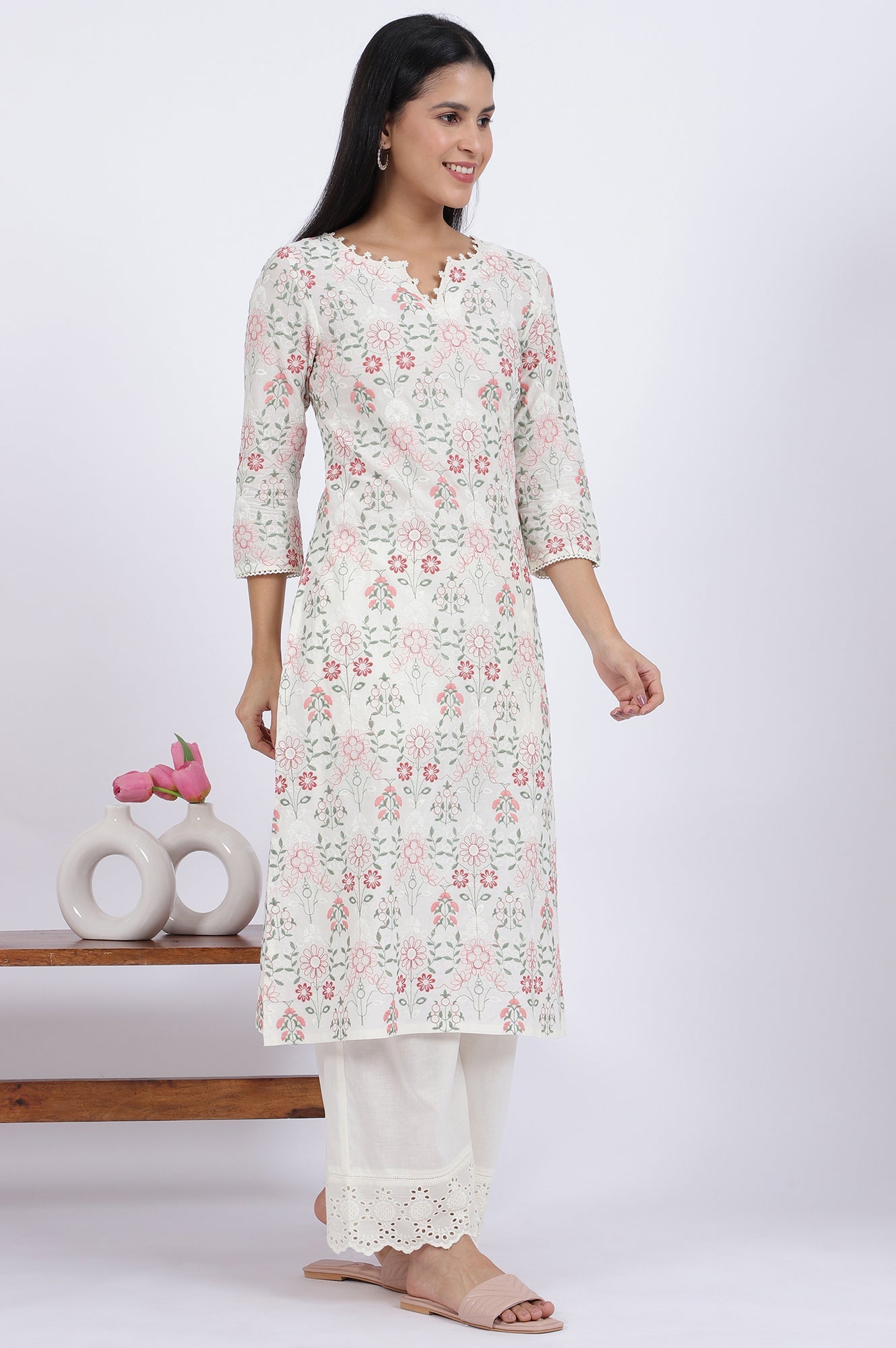 White Flora Printed Lace Pure Cotton Straight Kurta & Parallel Pants With Dupatta Set