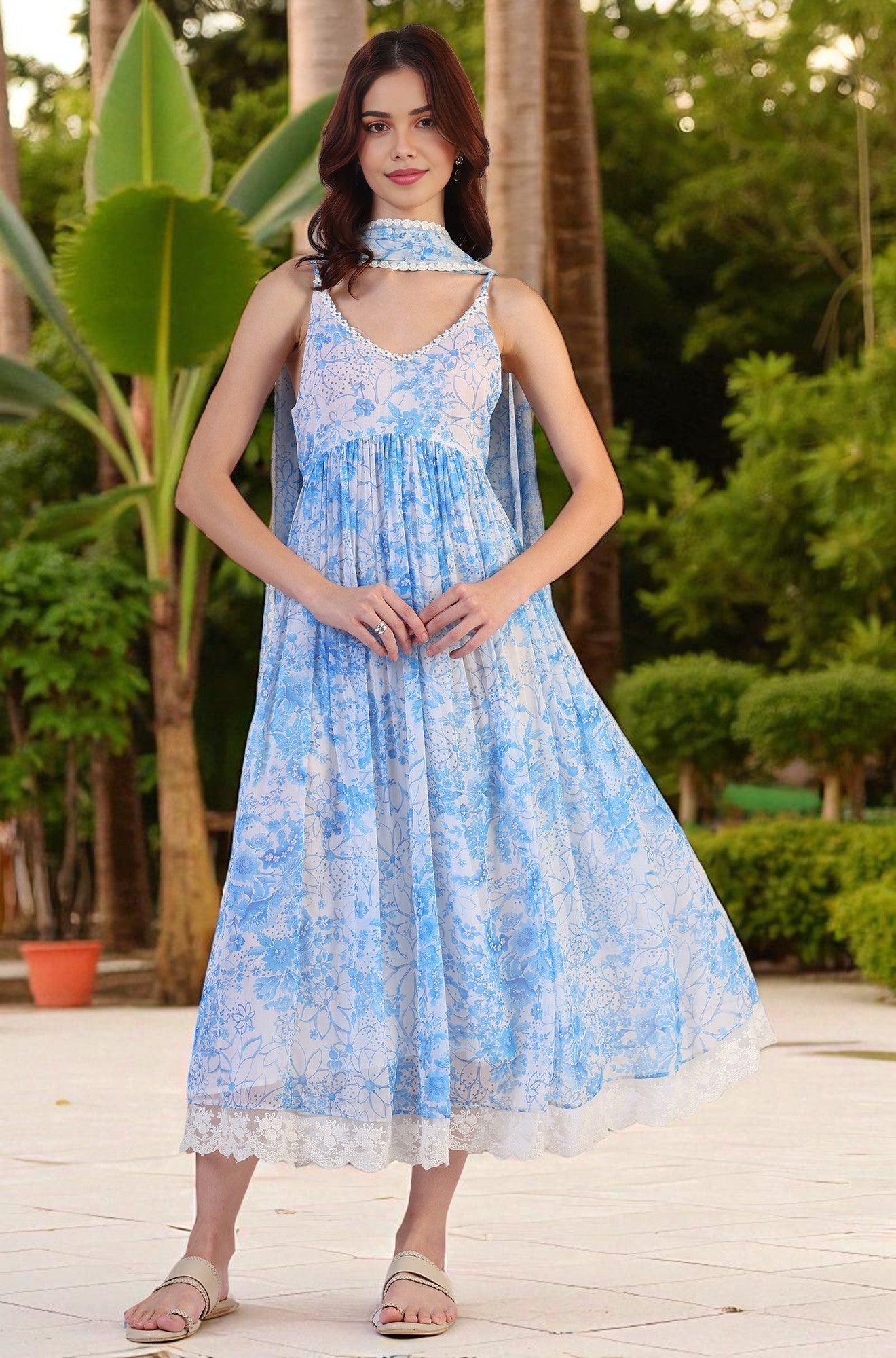 Floral Printed Lace Flared Chiffon Spaghetti Kurta with Dupatta Set