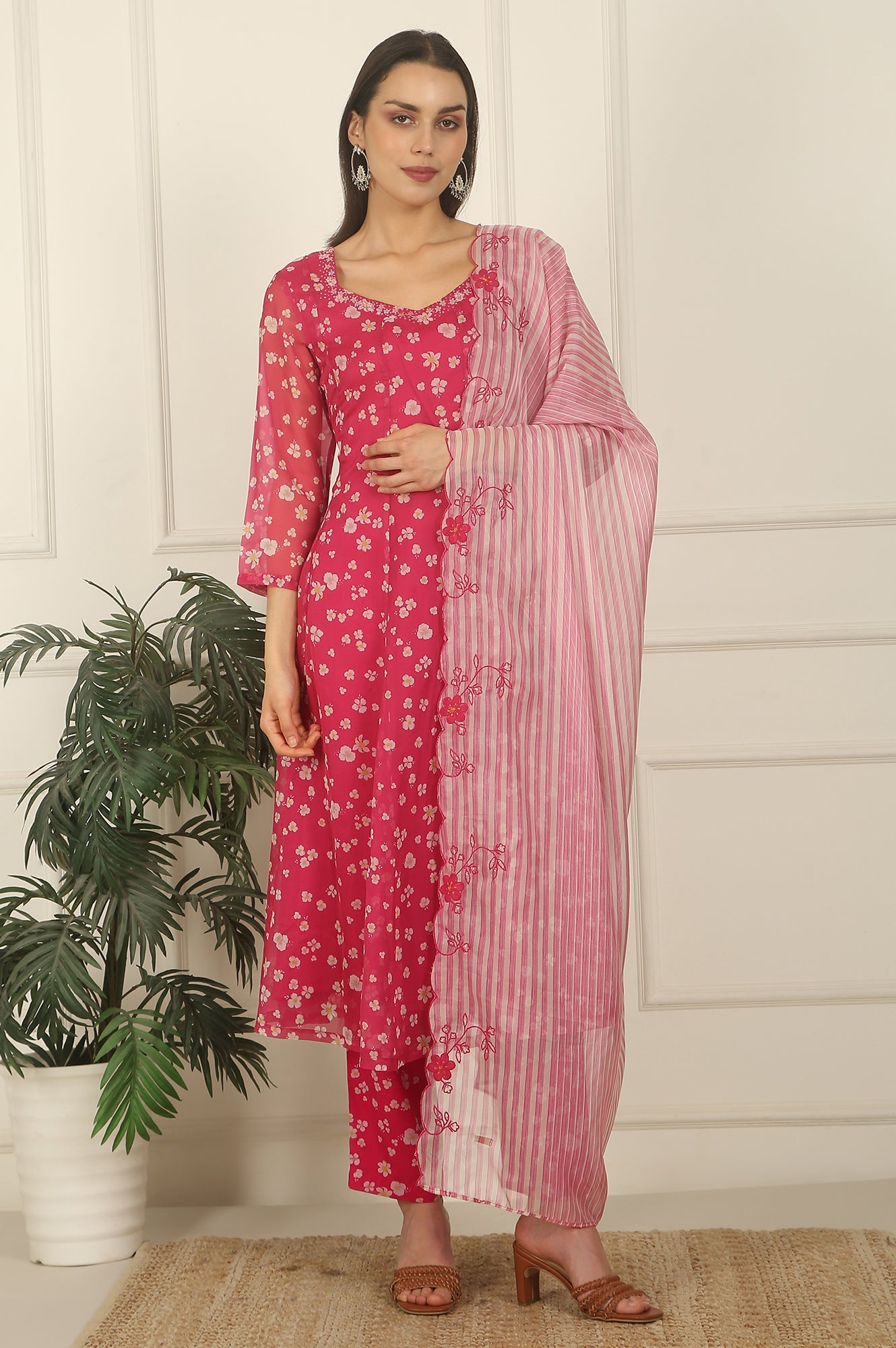 Pink Floral Printed Organza Anarkali Kurta, Pants and Dupatta Set