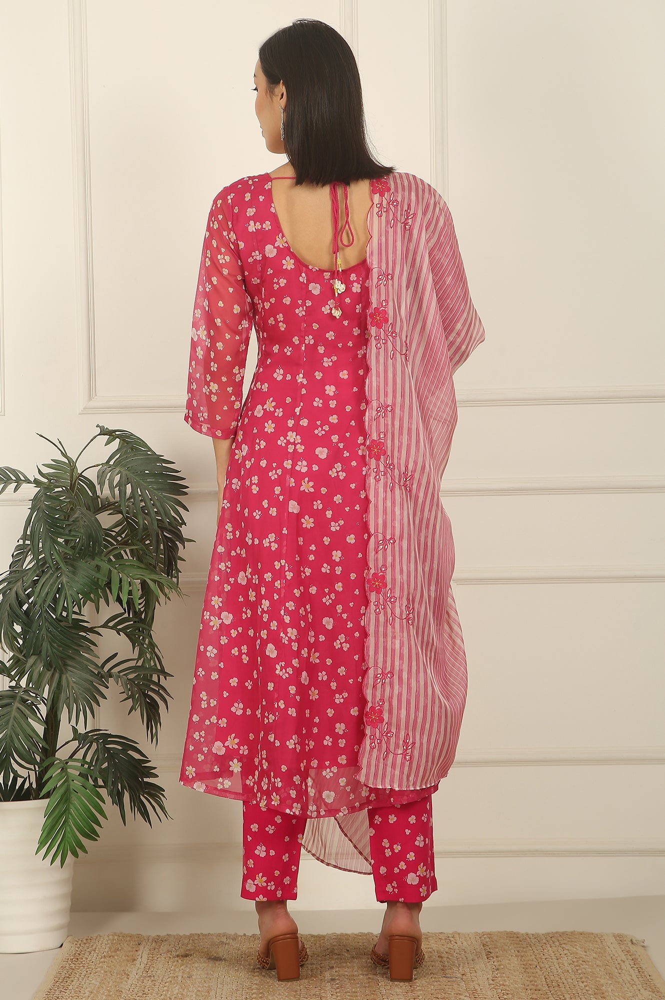 Pink Floral Printed Organza Anarkali Kurta, Pants and Dupatta Set