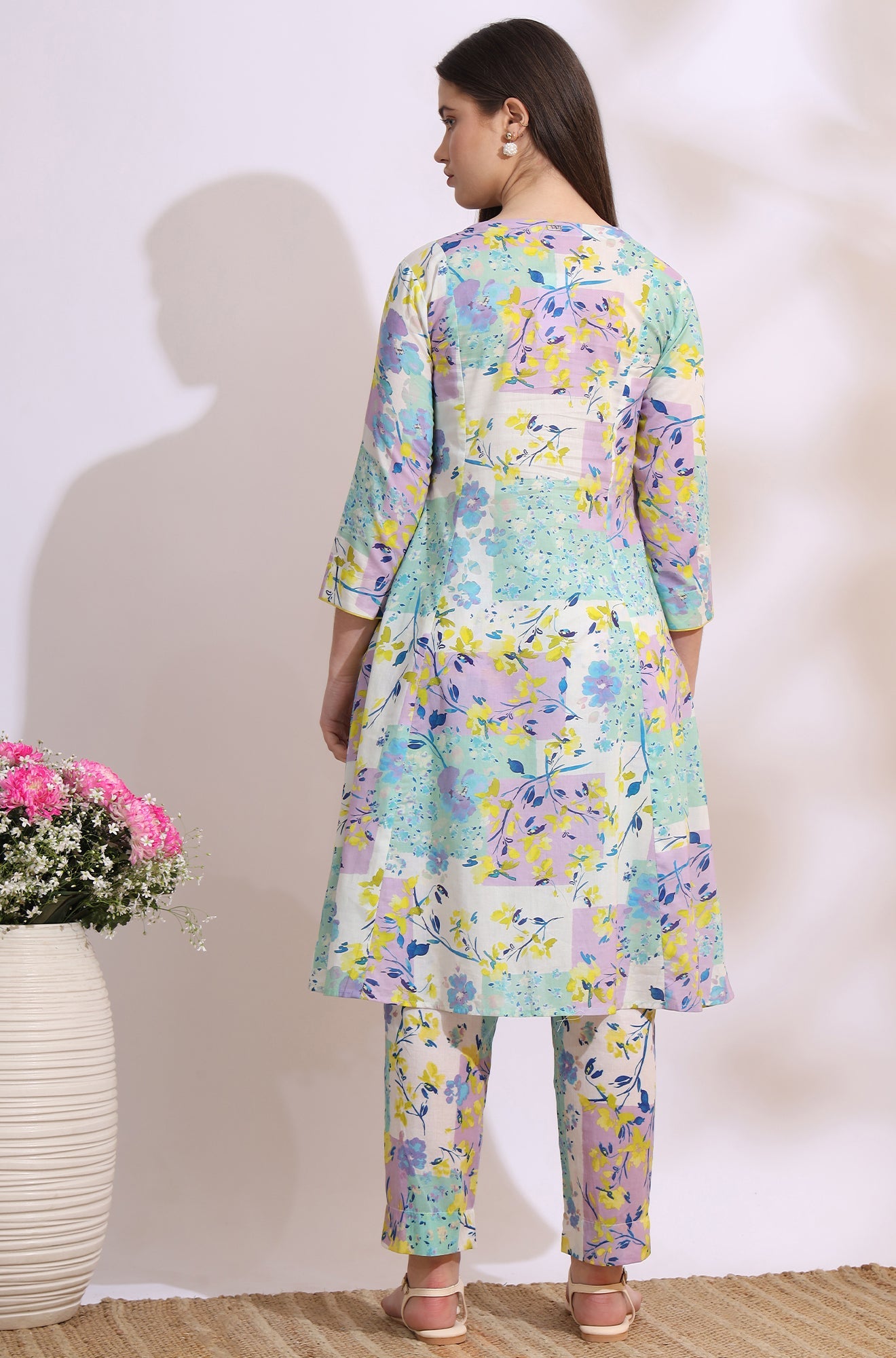 White Floral Printed Flared Pure Cotton Kurta and Pants Co-ord Set