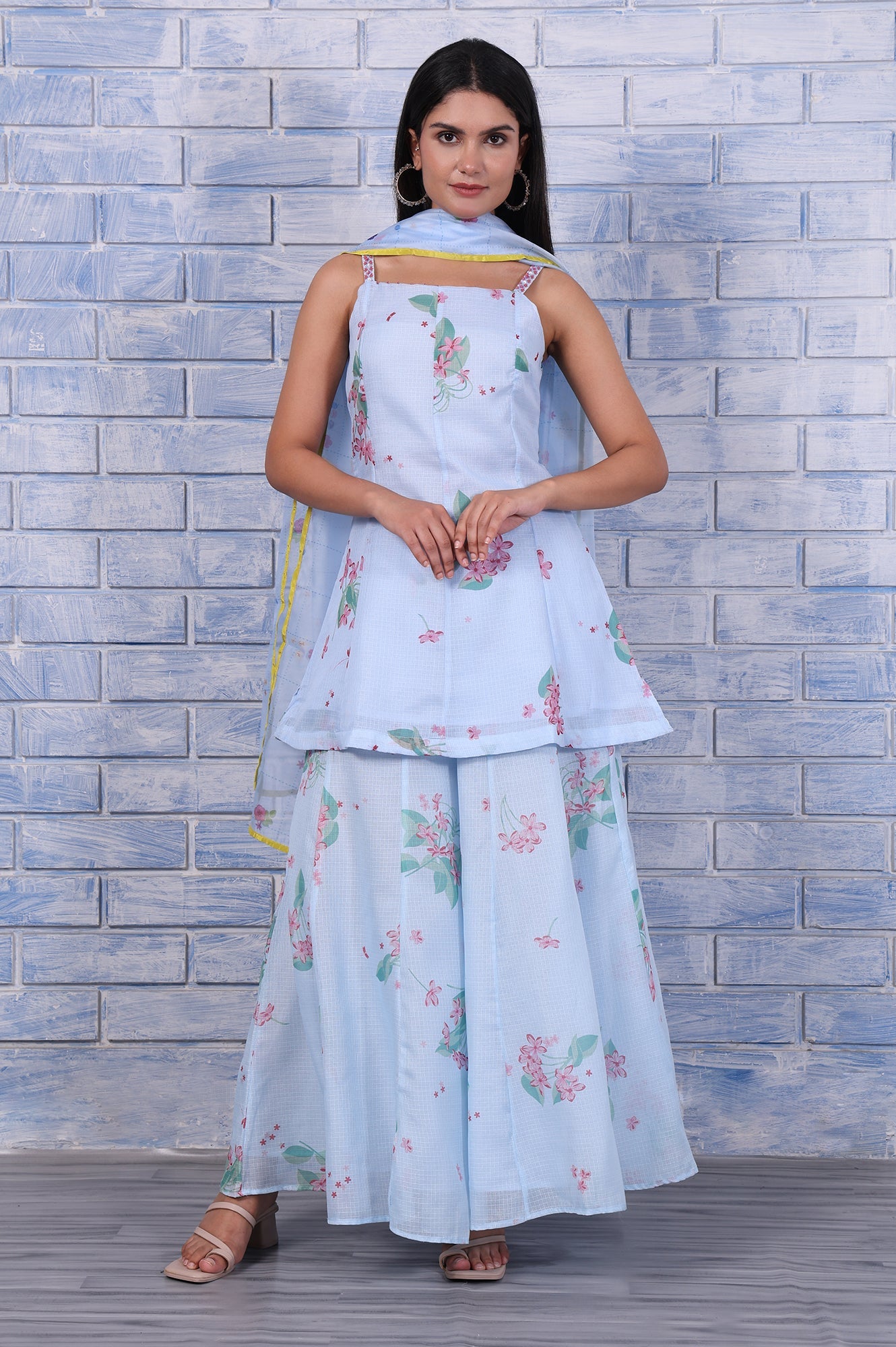 Blue Floral Printed Thread Embroidered Kota Flared Kurta, Flared Pant And Dupatta Set