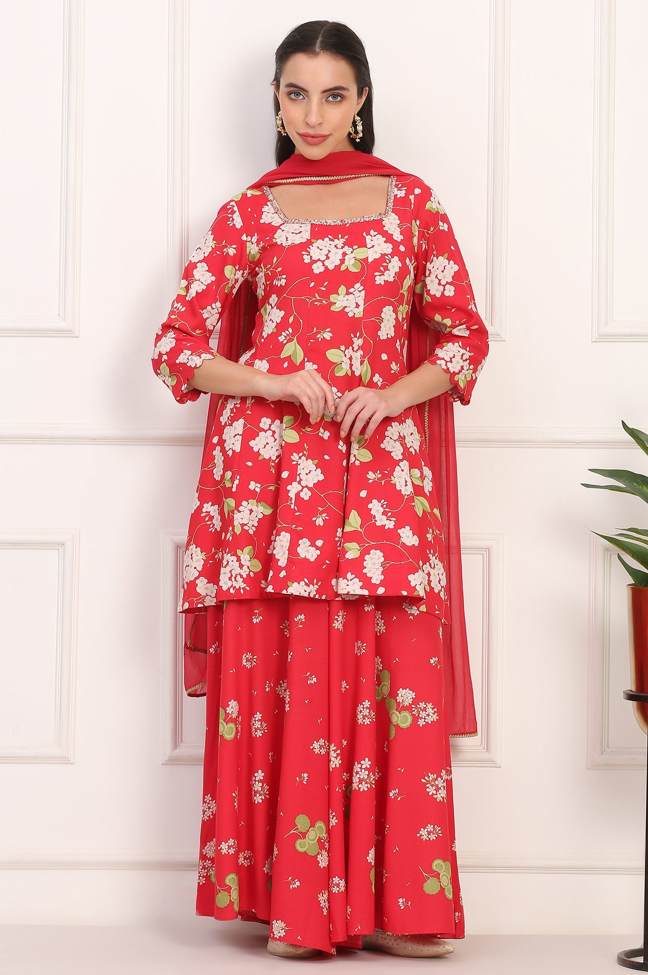 Red Floral Printed Embellished Modal Flared Short Kurta, Flared Pant and Dupatta Set