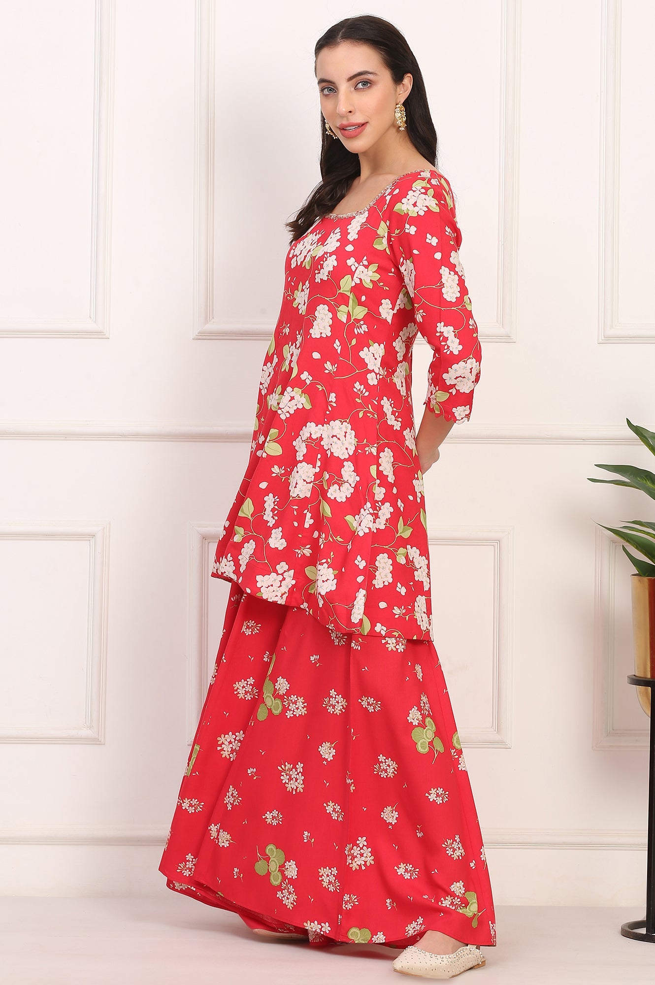 Red Floral Printed Embellished Modal Flared Short Kurta, Flared Pant and Dupatta Set