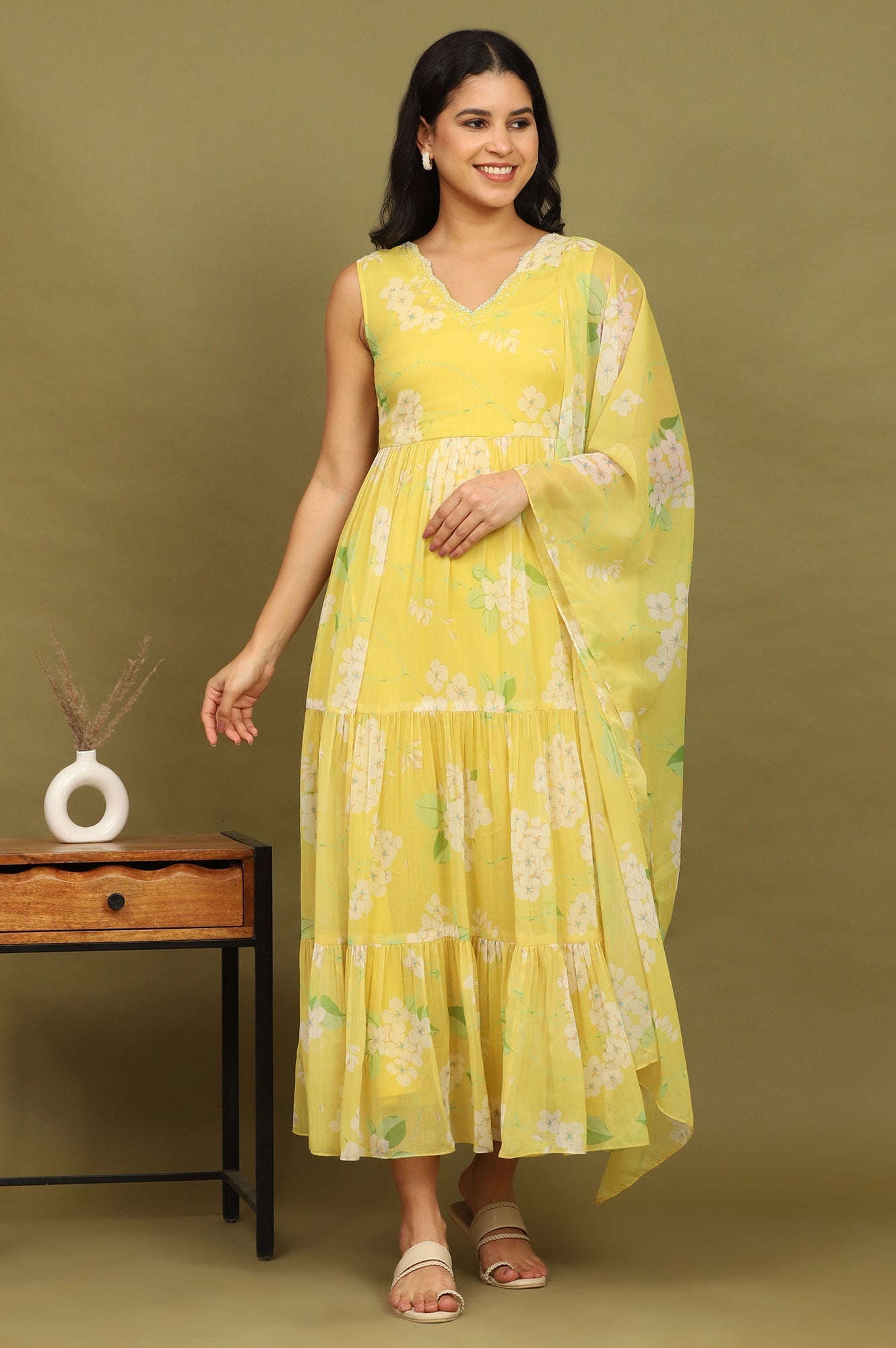 Yellow Floral Printed Tiered Dress and Dupatta Set