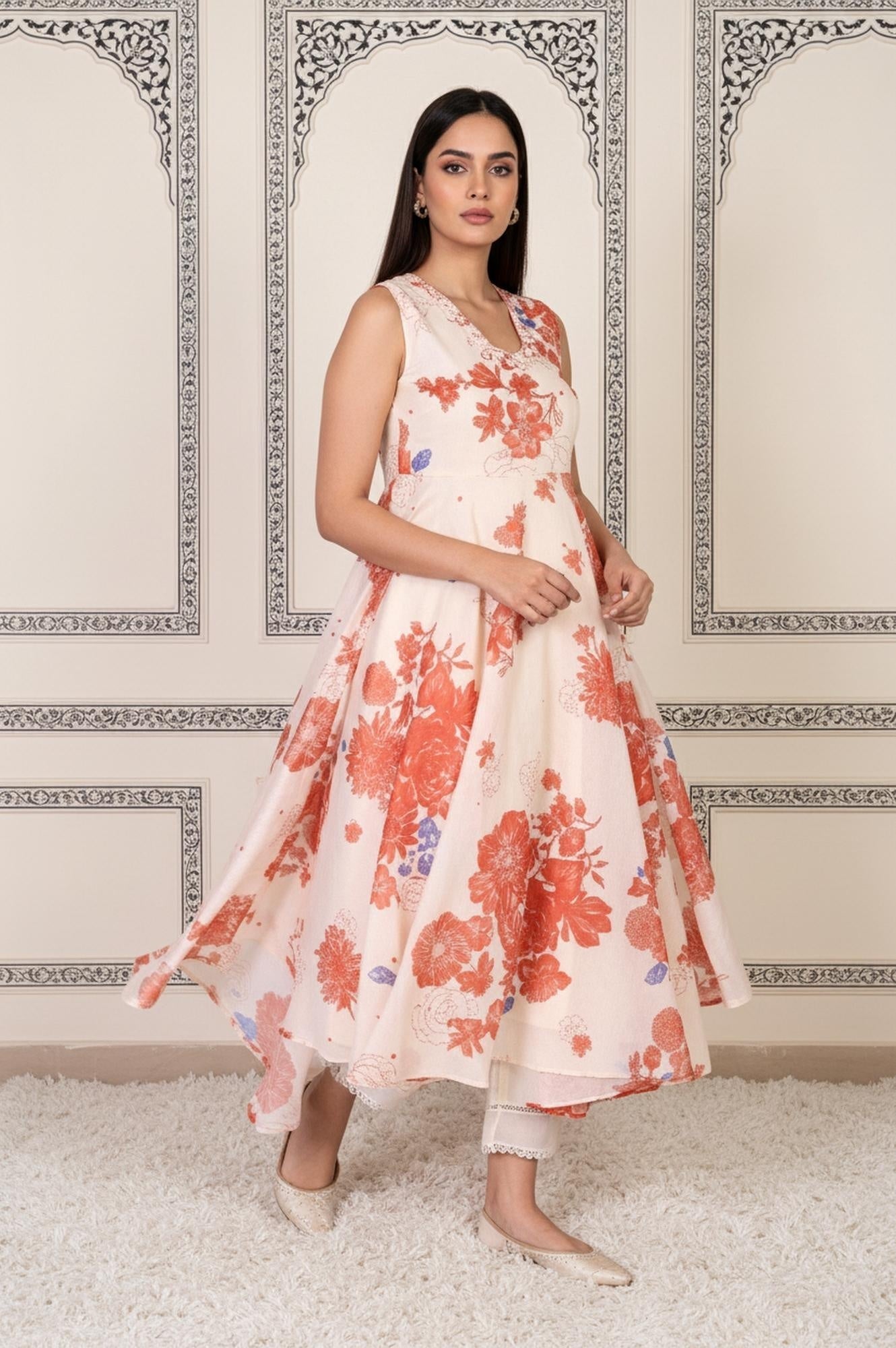 Peach Floral Printed Flared Chanderi Kurta with Straight Pant and Dupatta Set