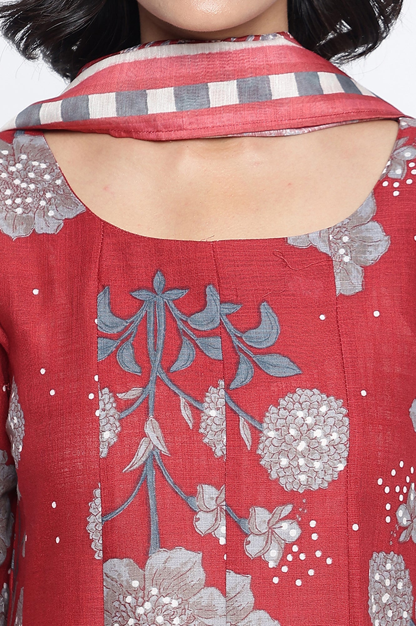 Garnet Red Printed Pure Cotton Flared Kurta, Straight Pant and Dupatta Set