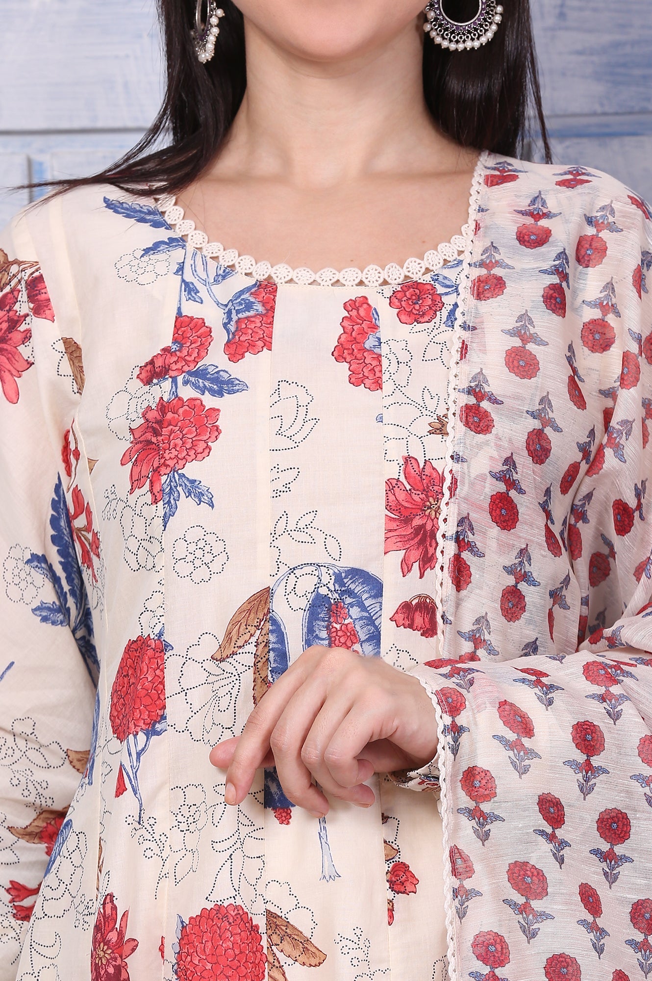 Off-White Floral Printed Pure Cotton Anarkali Kurta, Pants and Dupatta Set