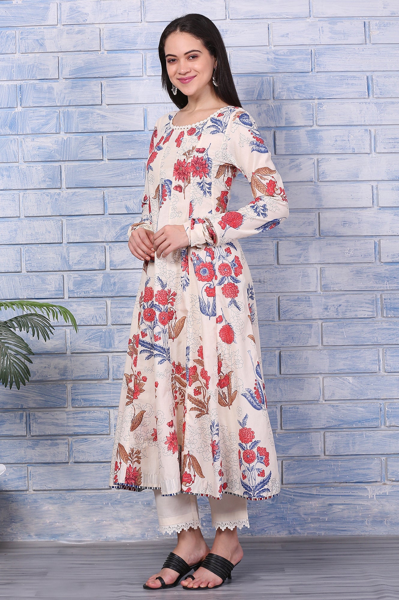 Off-White Floral Printed Pure Cotton Anarkali Kurta, Pants and Dupatta Set
