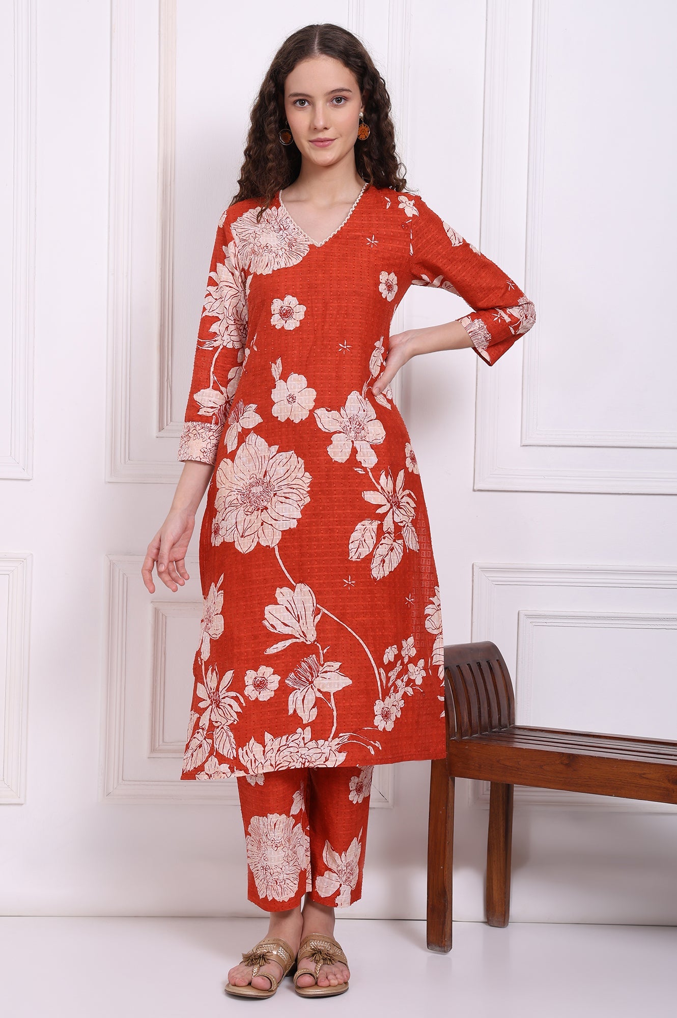 Red Floral Printed Swiss Dot Cotton Straight Kurta and Pants Co-ord Set