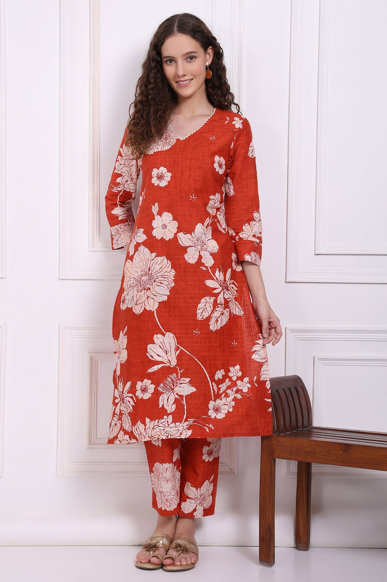 Red Floral Printed Swiss Dot Cotton Straight Kurta and Pants Co-ord Set