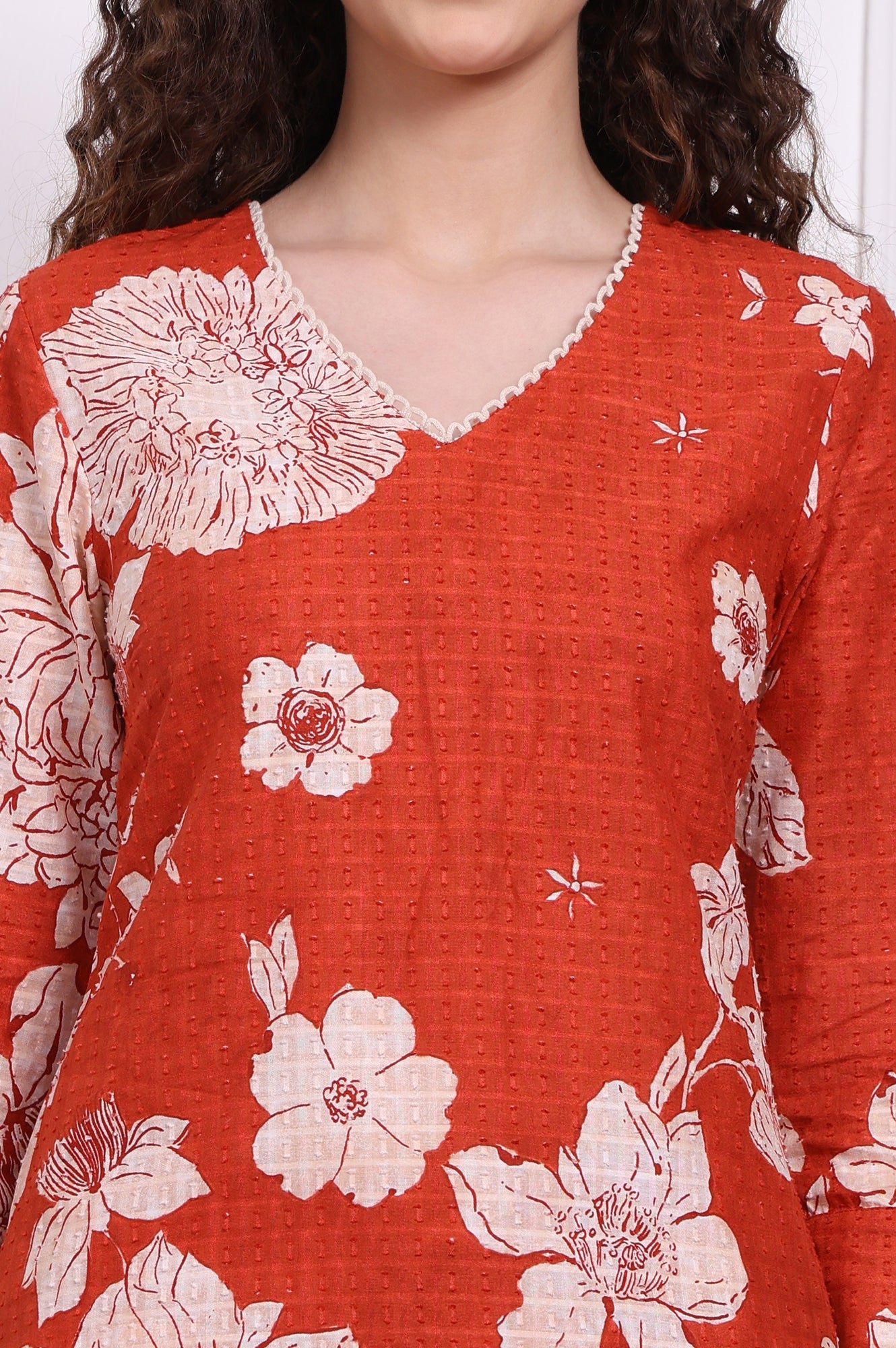 Red Floral Printed Swiss Dot Cotton Straight Kurta and Pants Co-ord Set