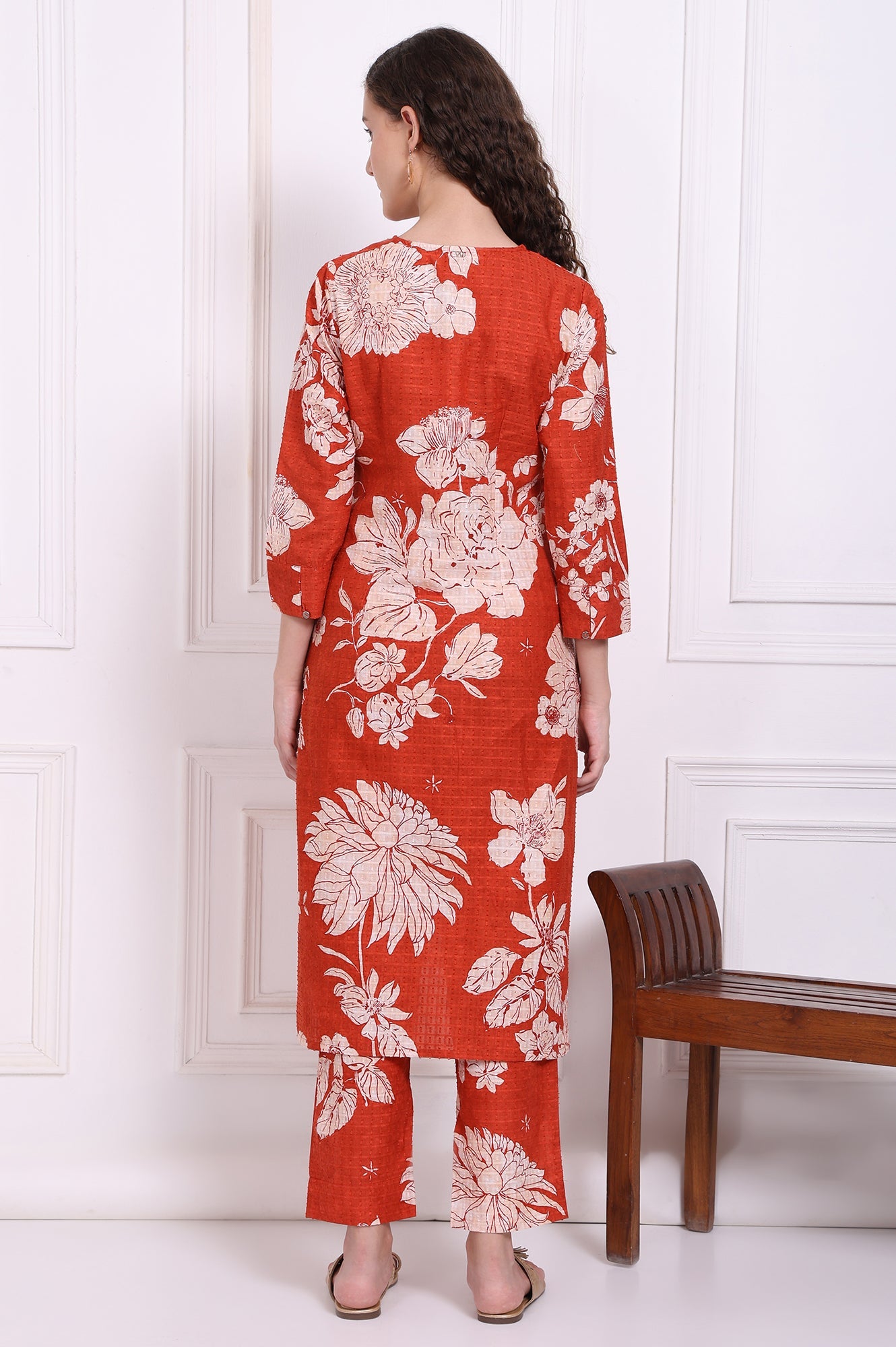 Red Floral Printed Swiss Dot Cotton Straight Kurta and Pants Co-ord Set