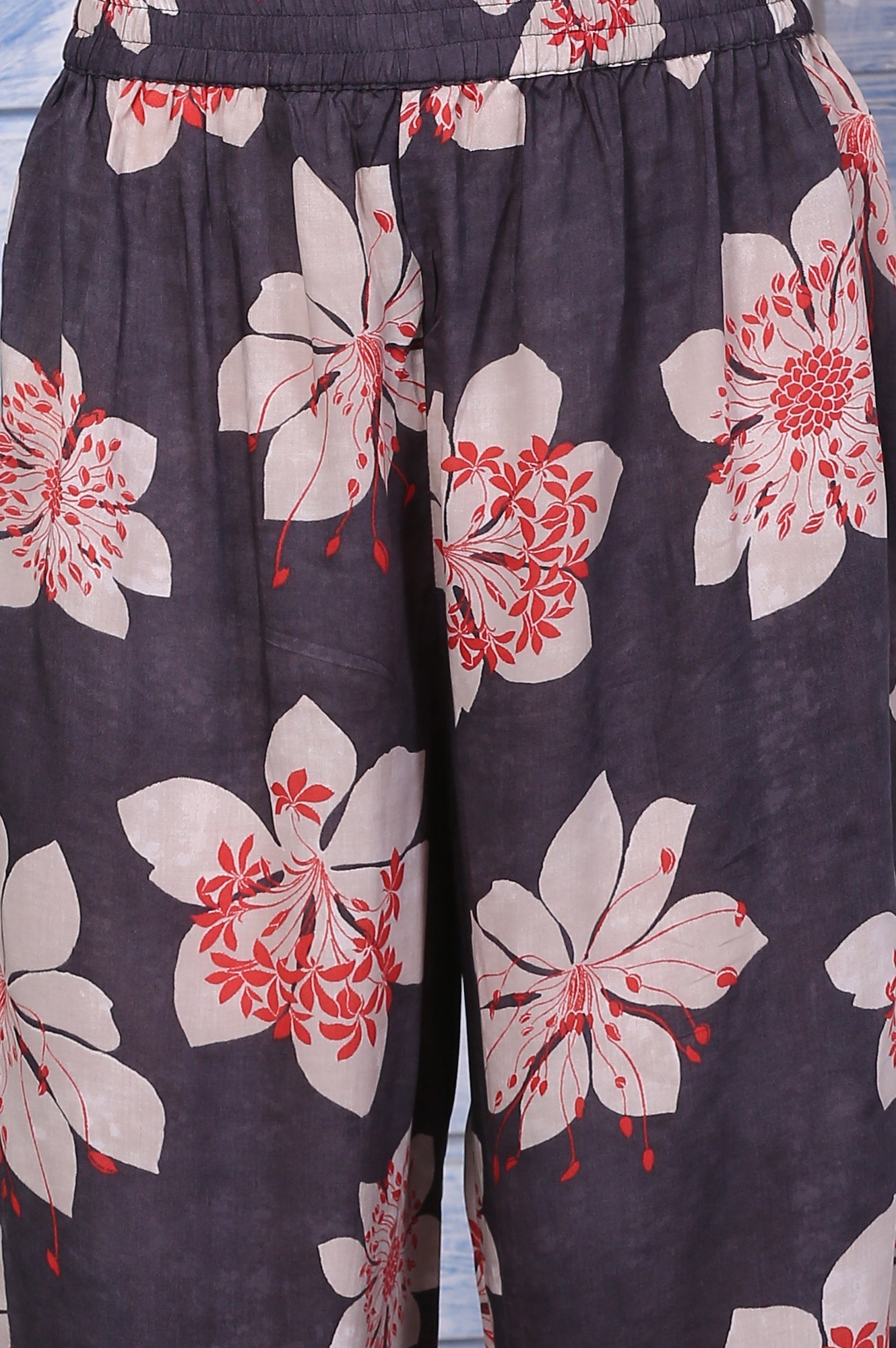 Charcoal Grey Floral Printed Straight Kurta, Gathered Pants and Dupatta Set