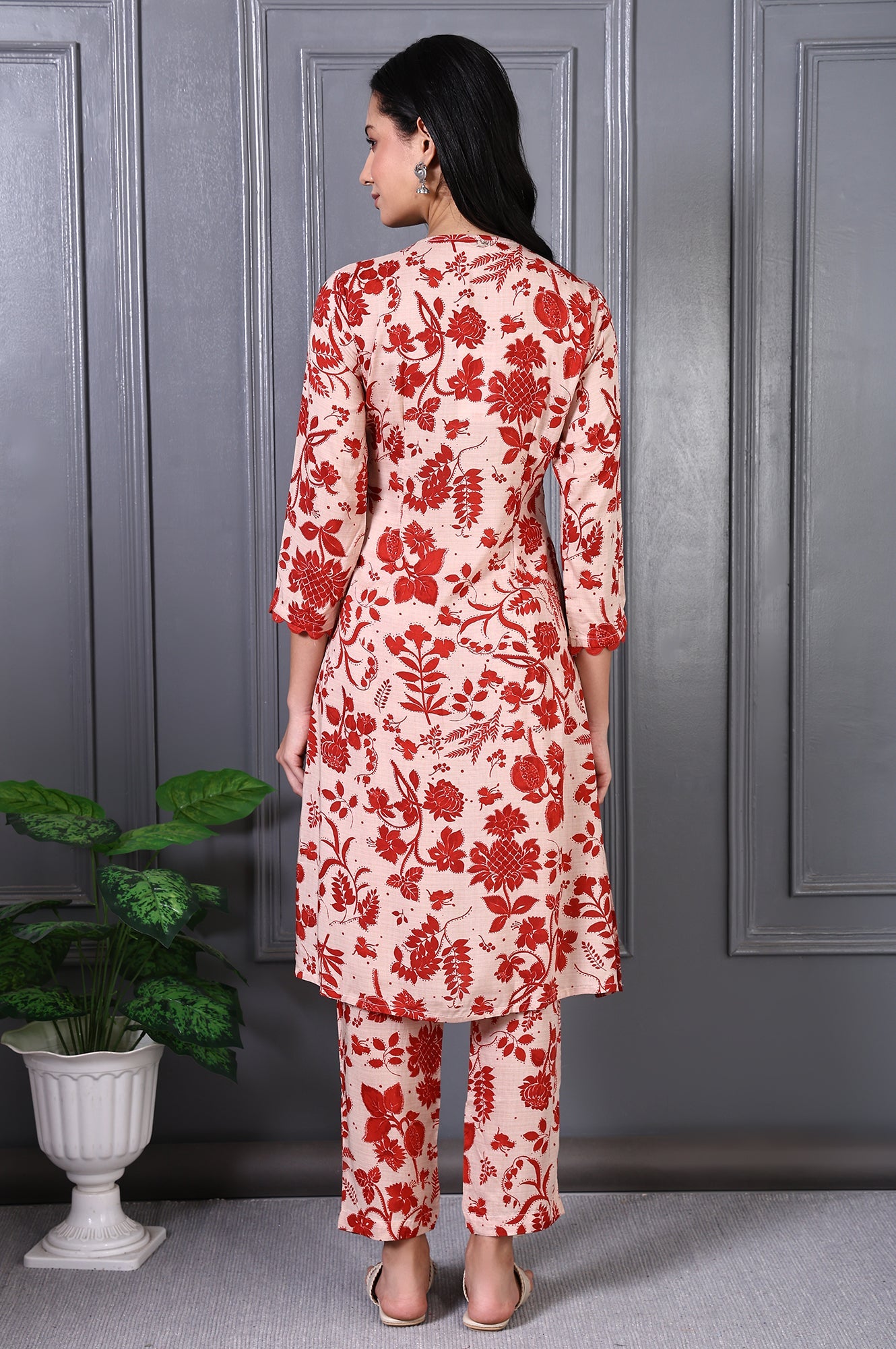 Brown Floral Printed Lace Modal A-line Kurta Set