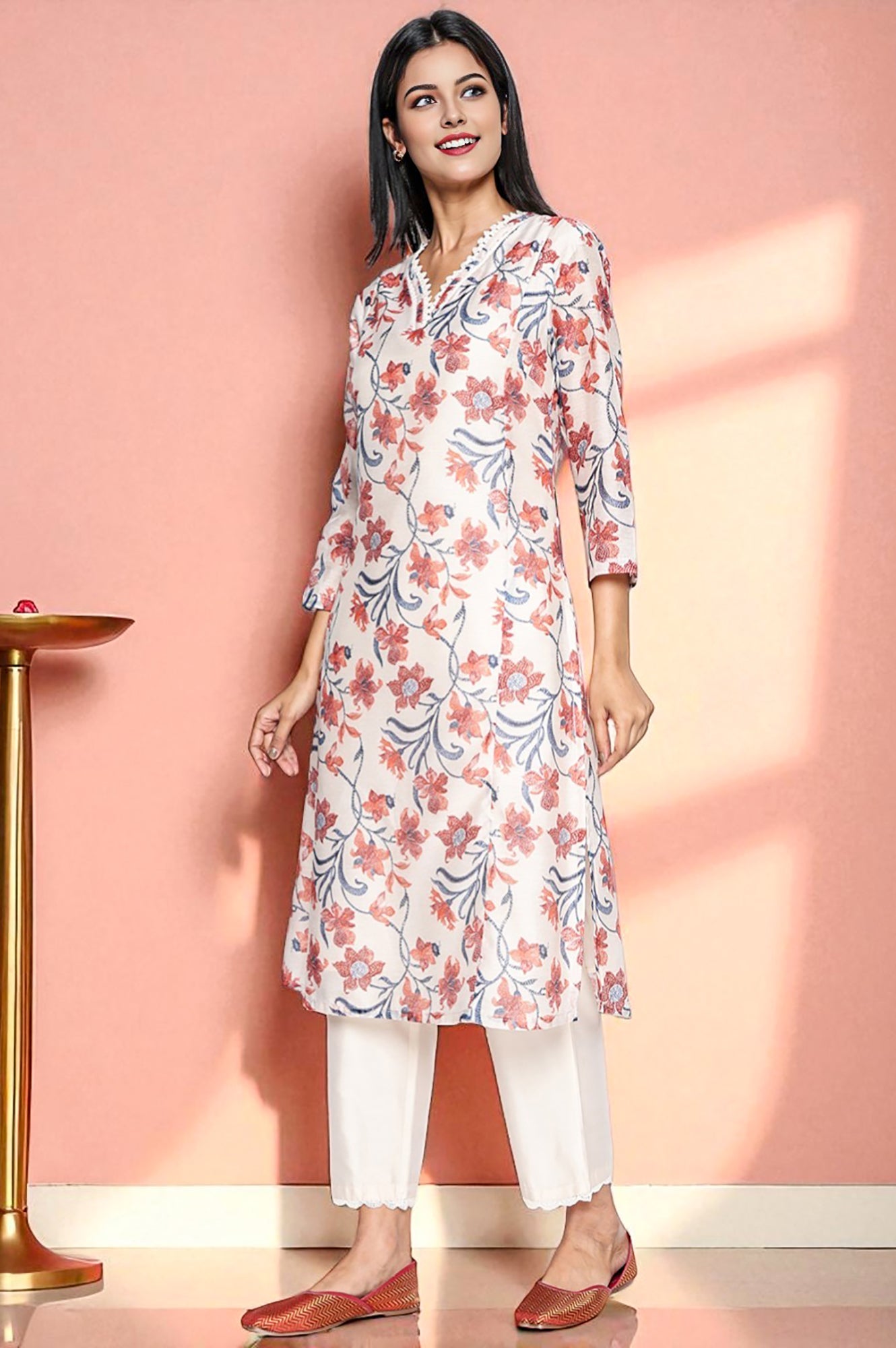 Walnut Beige Printed Chanderi A-line Kurta and Straight Pant Set