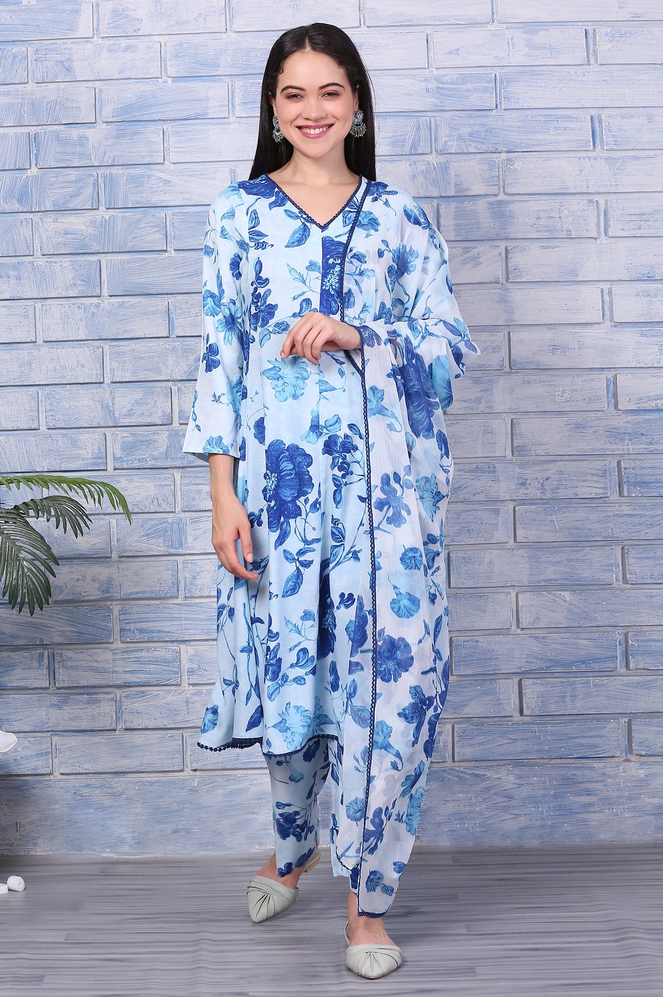 Blue Floral Printed Rayon Lace Flared Kurta, Pants and Dupatta Set