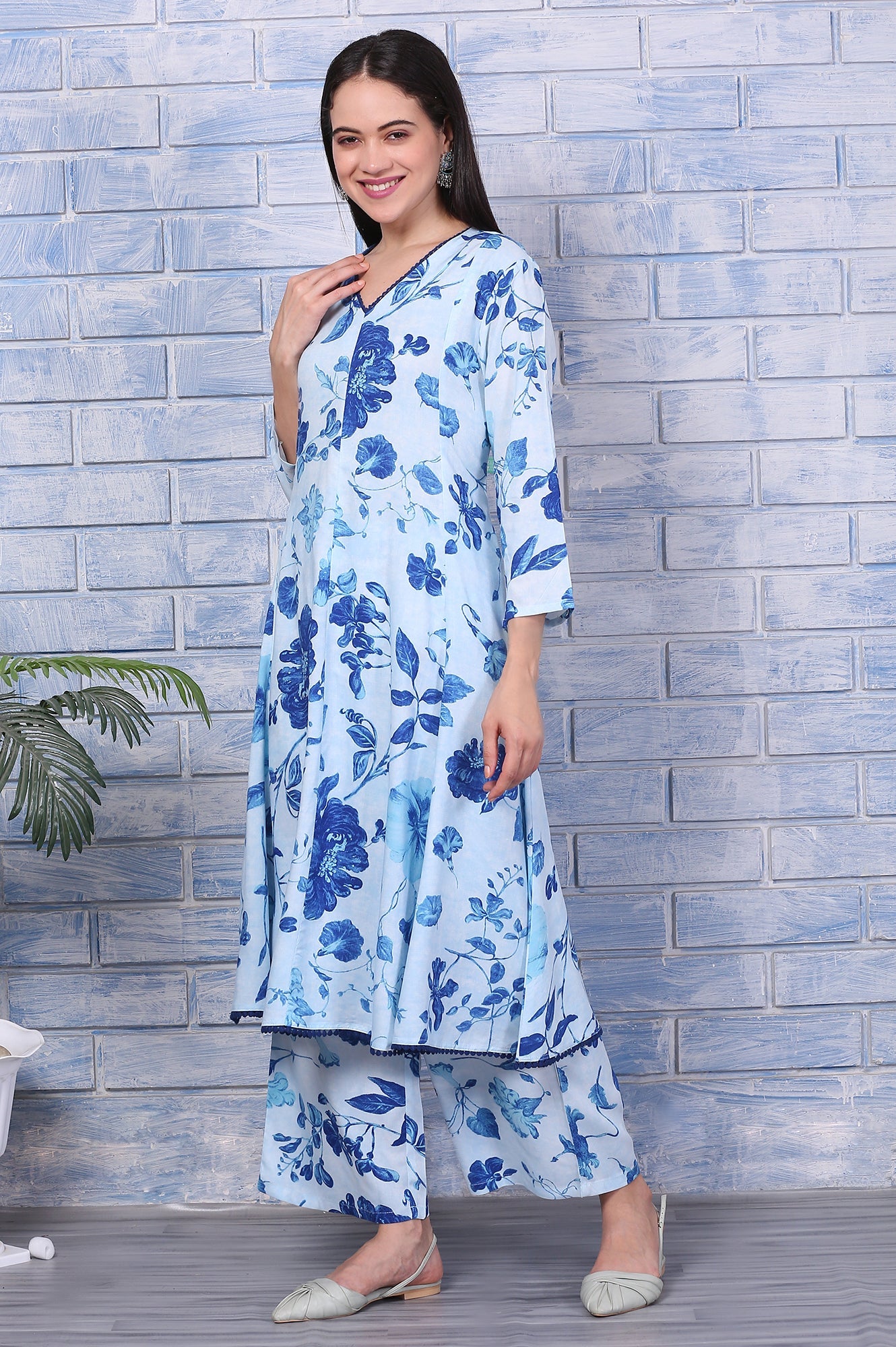 Blue Floral Printed Rayon Lace Flared Kurta, Pants and Dupatta Set
