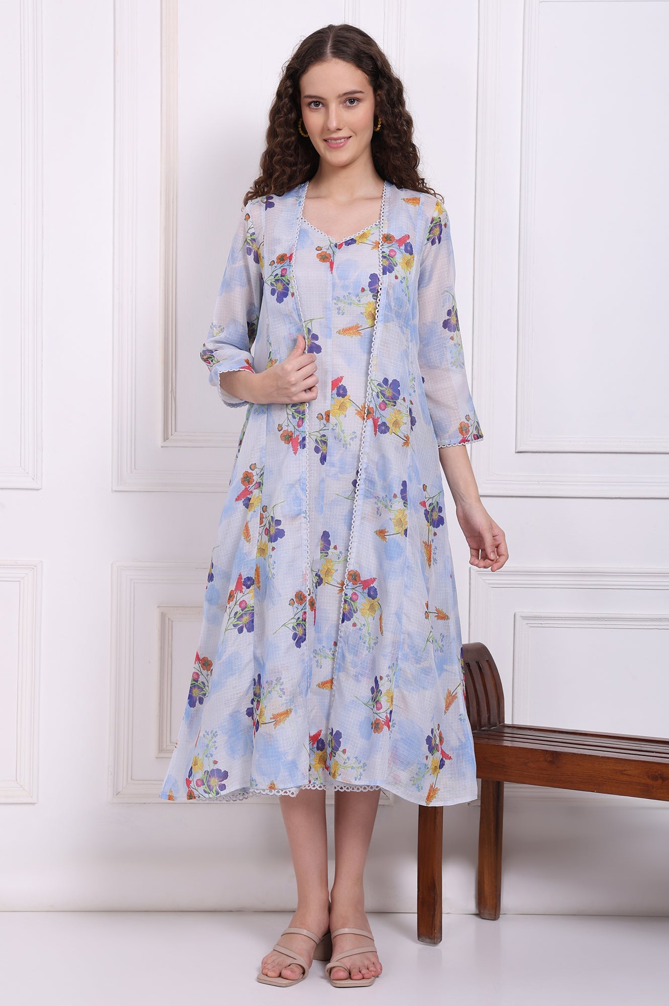 Light Blue Floral Printed Kota Spaghetti Dress and Jacket Set