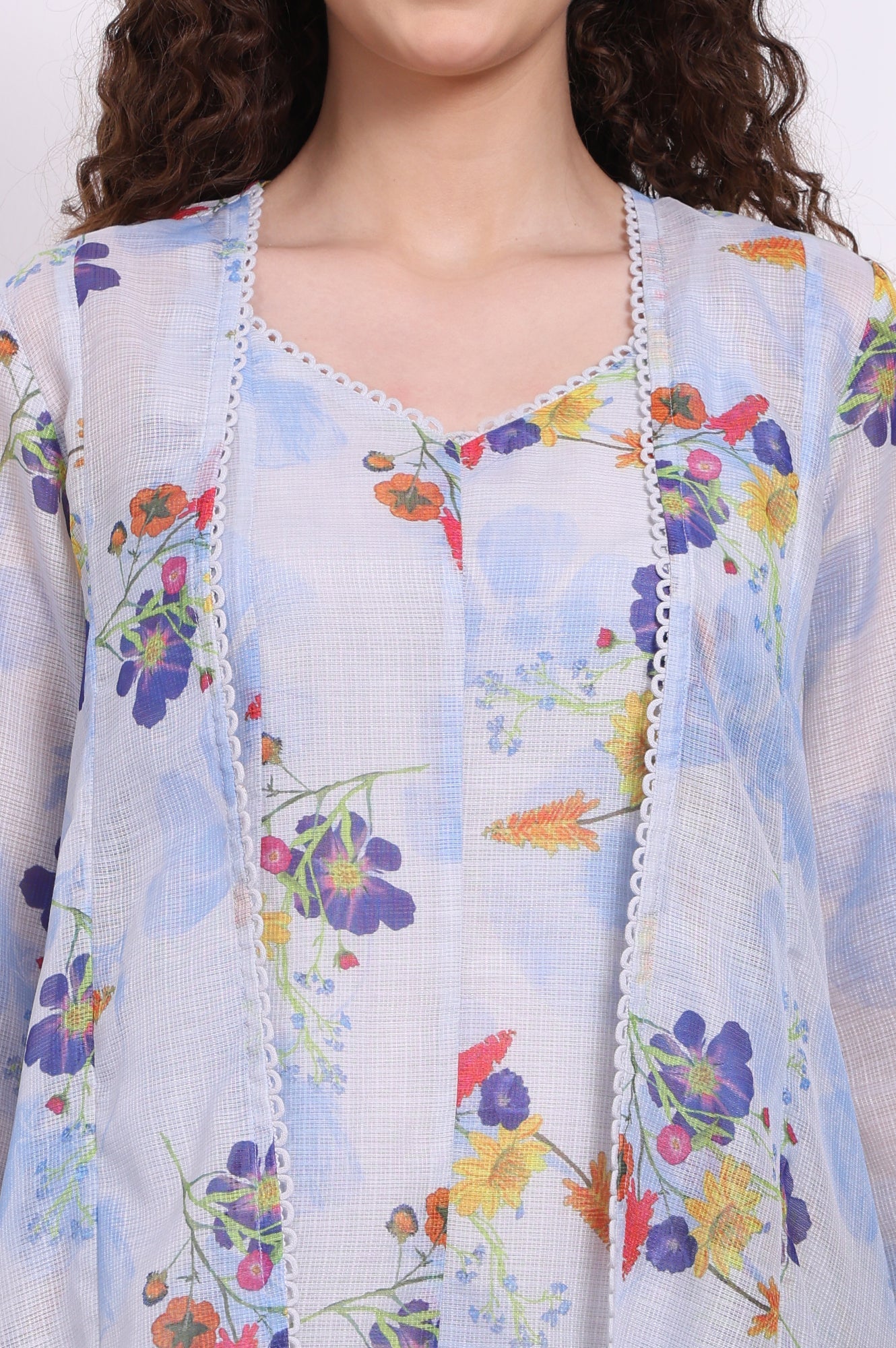 Light Blue Floral Printed Kota Spaghetti Dress and Jacket Set