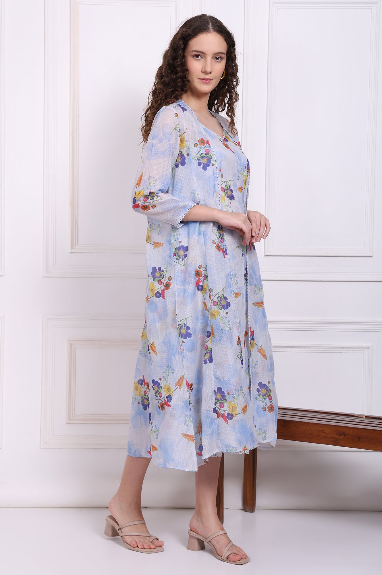 Light Blue Floral Printed Kota Spaghetti Dress and Jacket Set