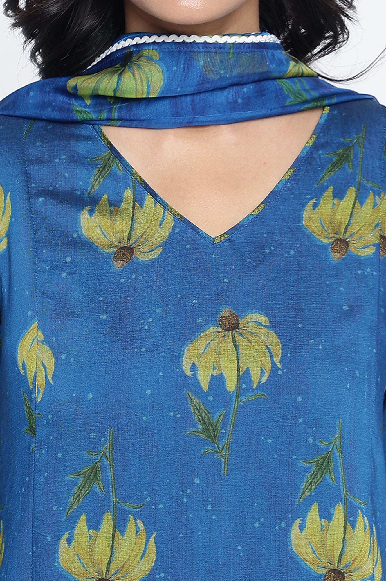 Tropical Blue Printed Crepe Flared Kurta, Straight Pant and Dupatta Set