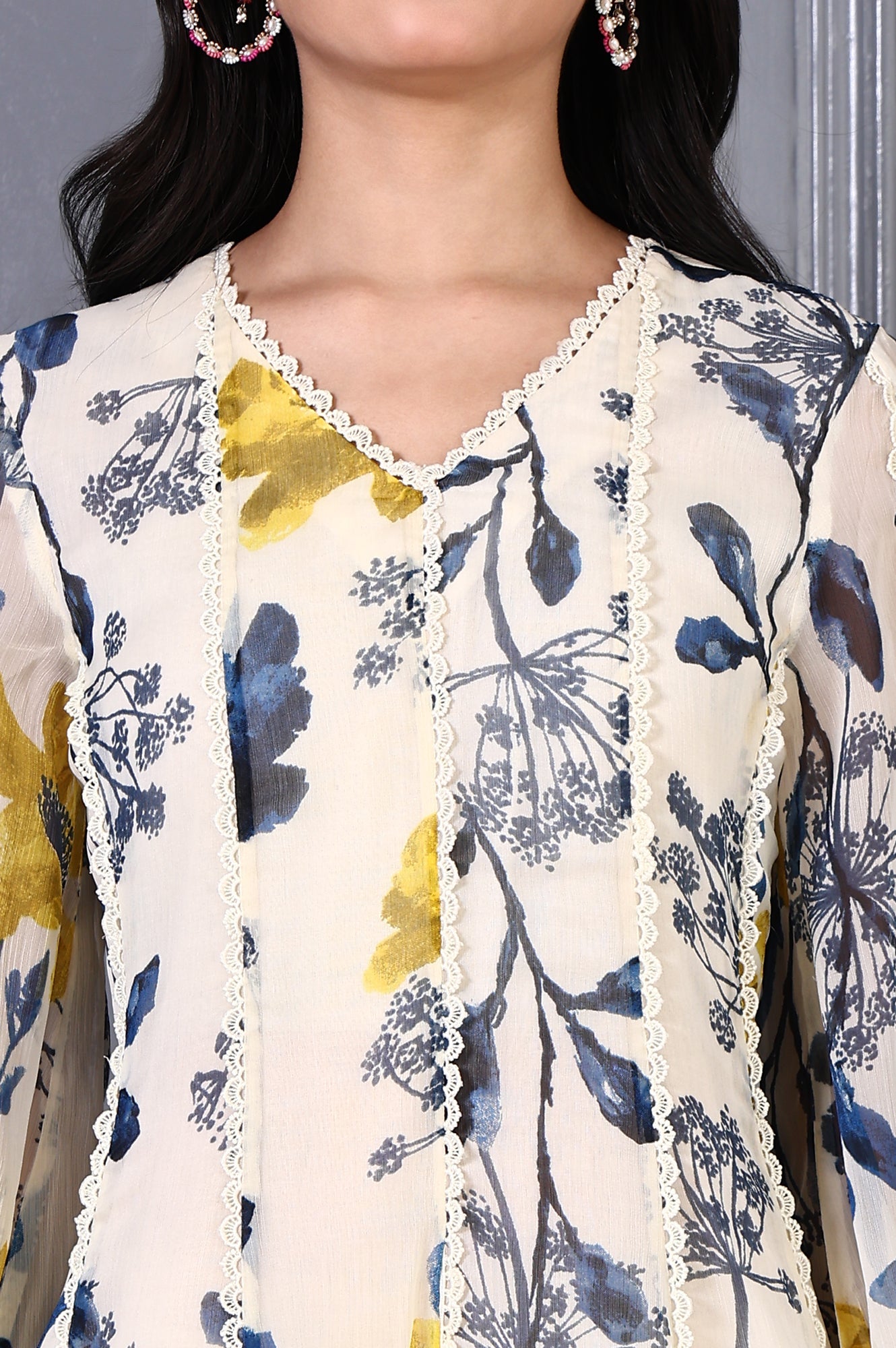 White Floral Printed Lace Chiffon Flared Kurta and Pants Set