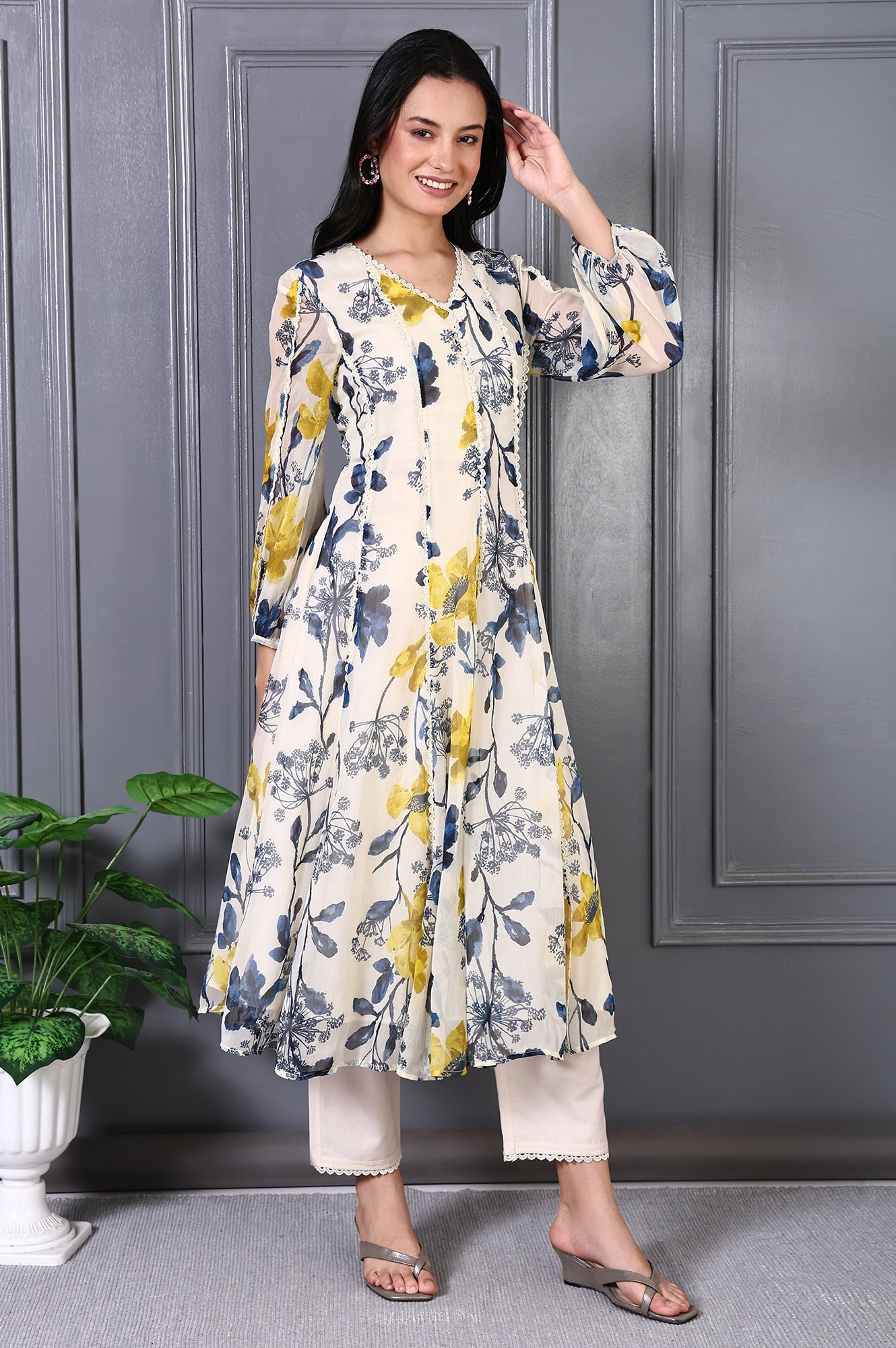 White Floral Printed Lace Chiffon Flared Kurta and Pants Set