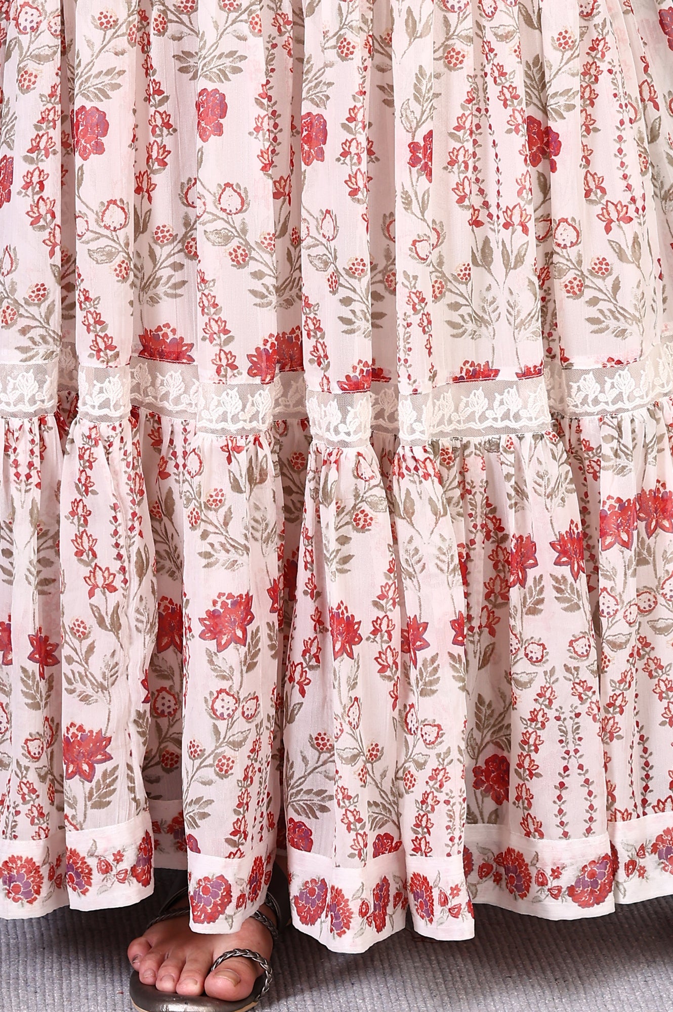 White Floral Printed Chiffon Flared Dress and Dupatta Set