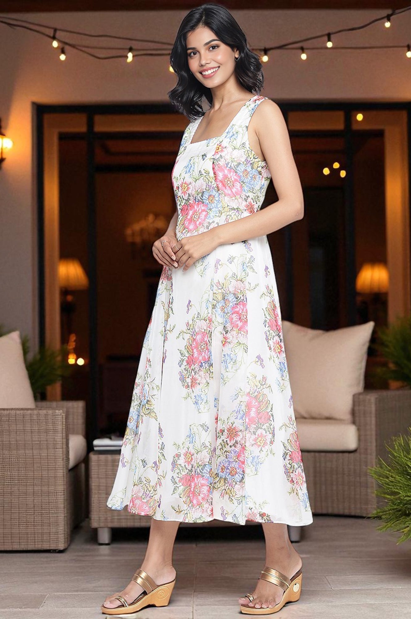 Ecru Printed Organza Flared Dress and Dupatta Set