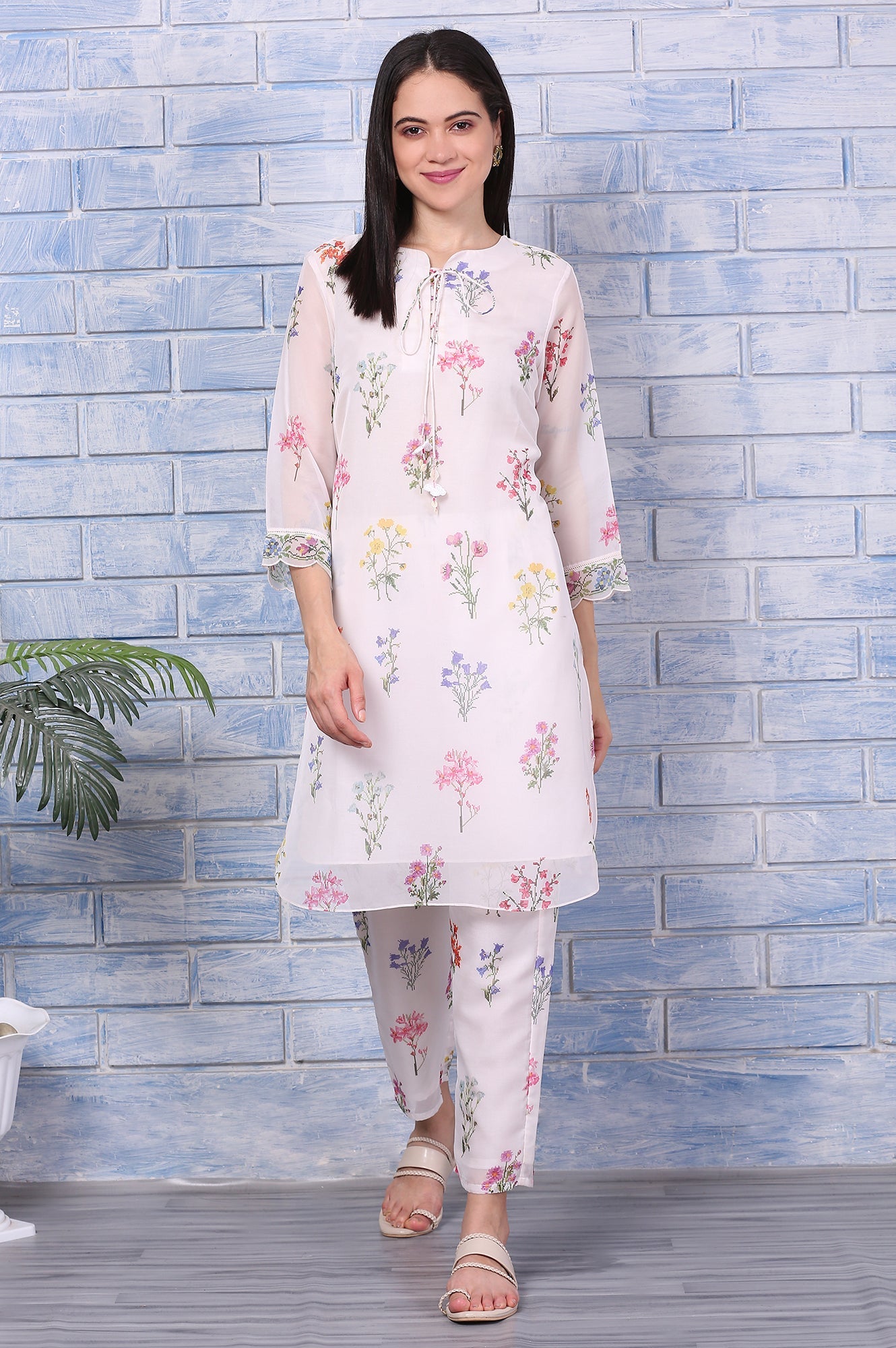 Cream Floral Printed Organza Straight Kurta and Pants Co-ord Set