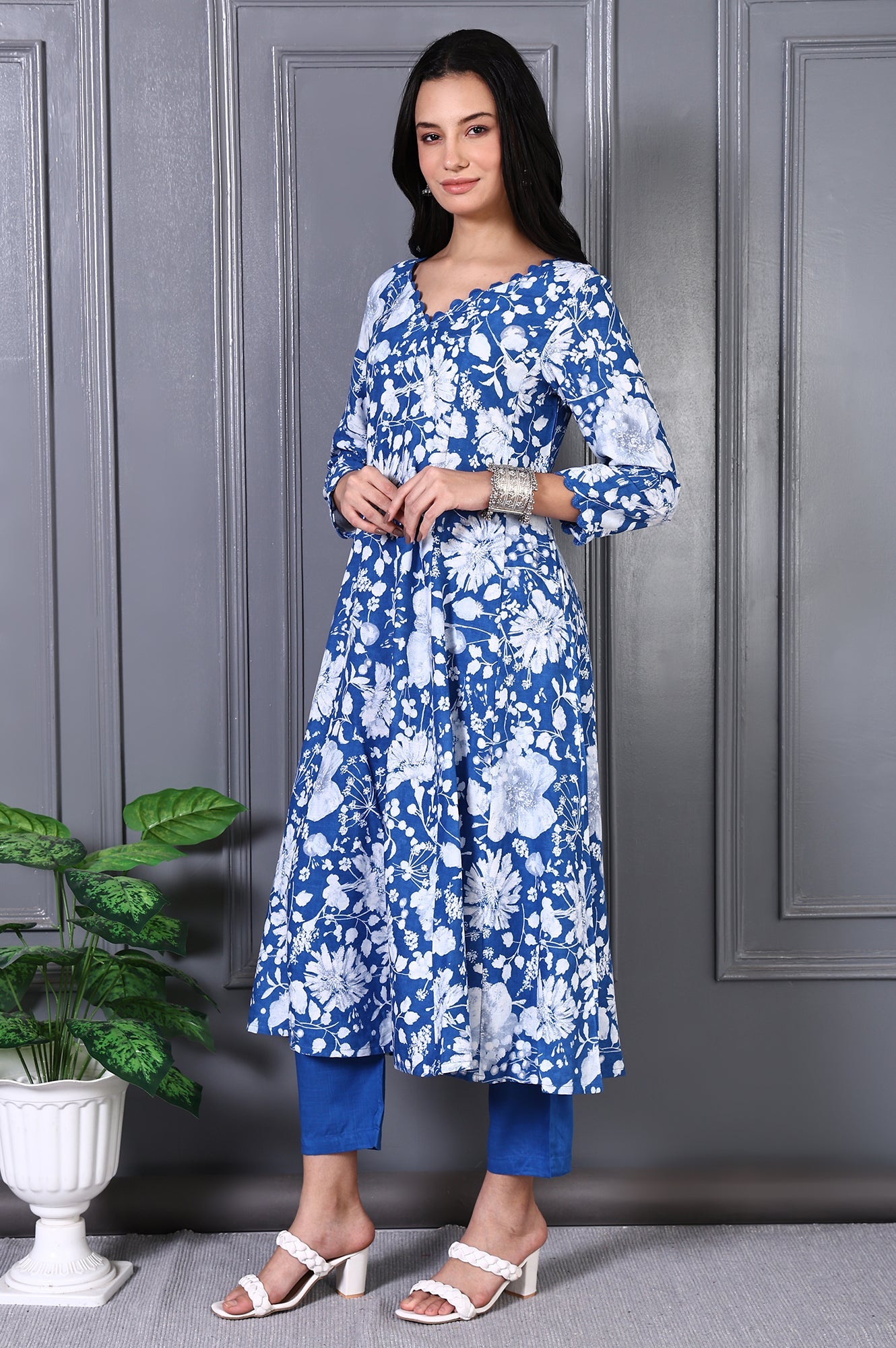 Blue Floral Printed Lace Rayon Flared Kurta, Pants and Dupatta Set
