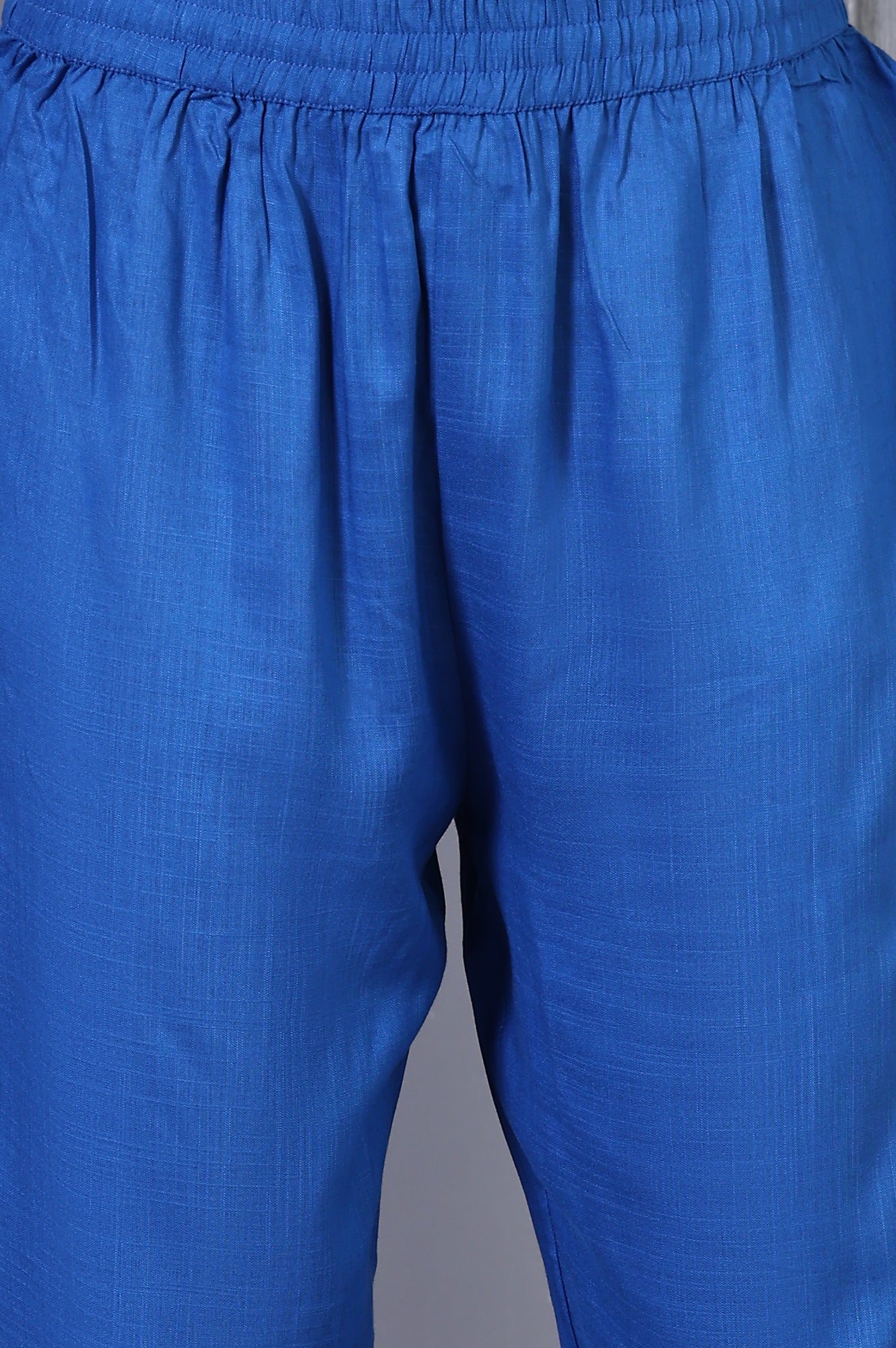 Blue Floral Printed Lace Rayon Flared Kurta, Pants and Dupatta Set