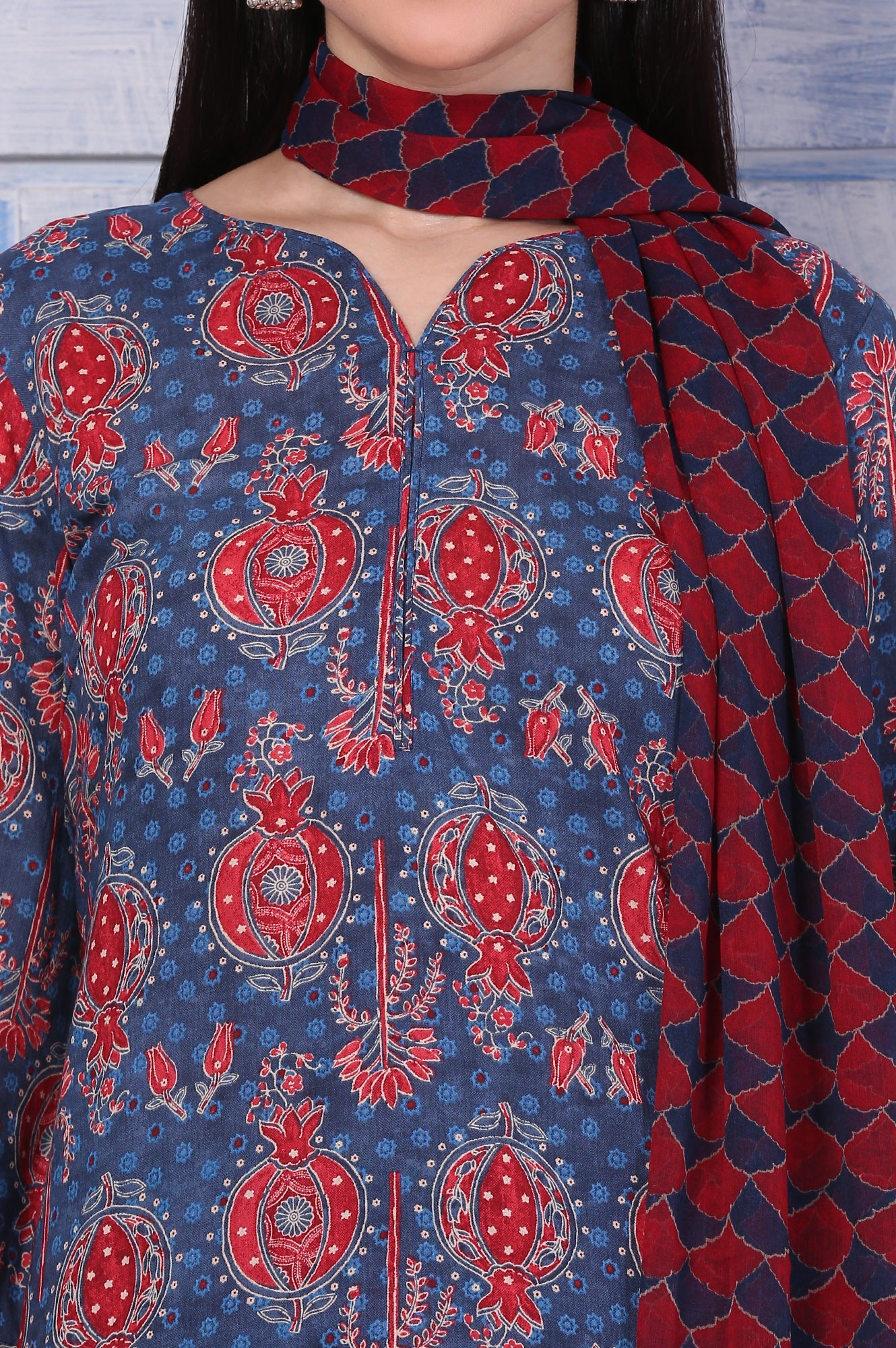 Blue Printed Modal Straight Kurta, Pants and Dupatta Set