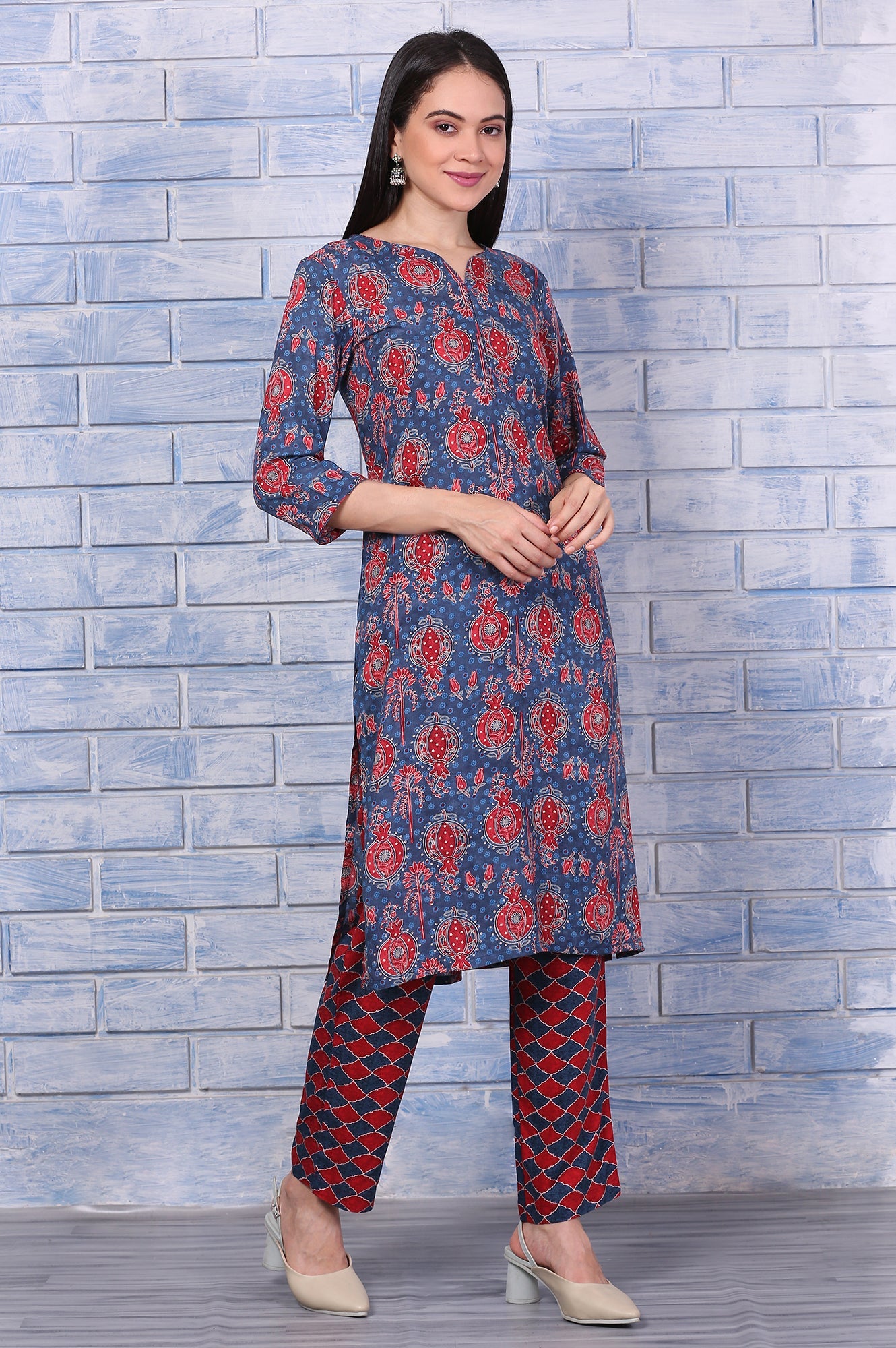 Blue Printed Modal Straight Kurta, Pants and Dupatta Set
