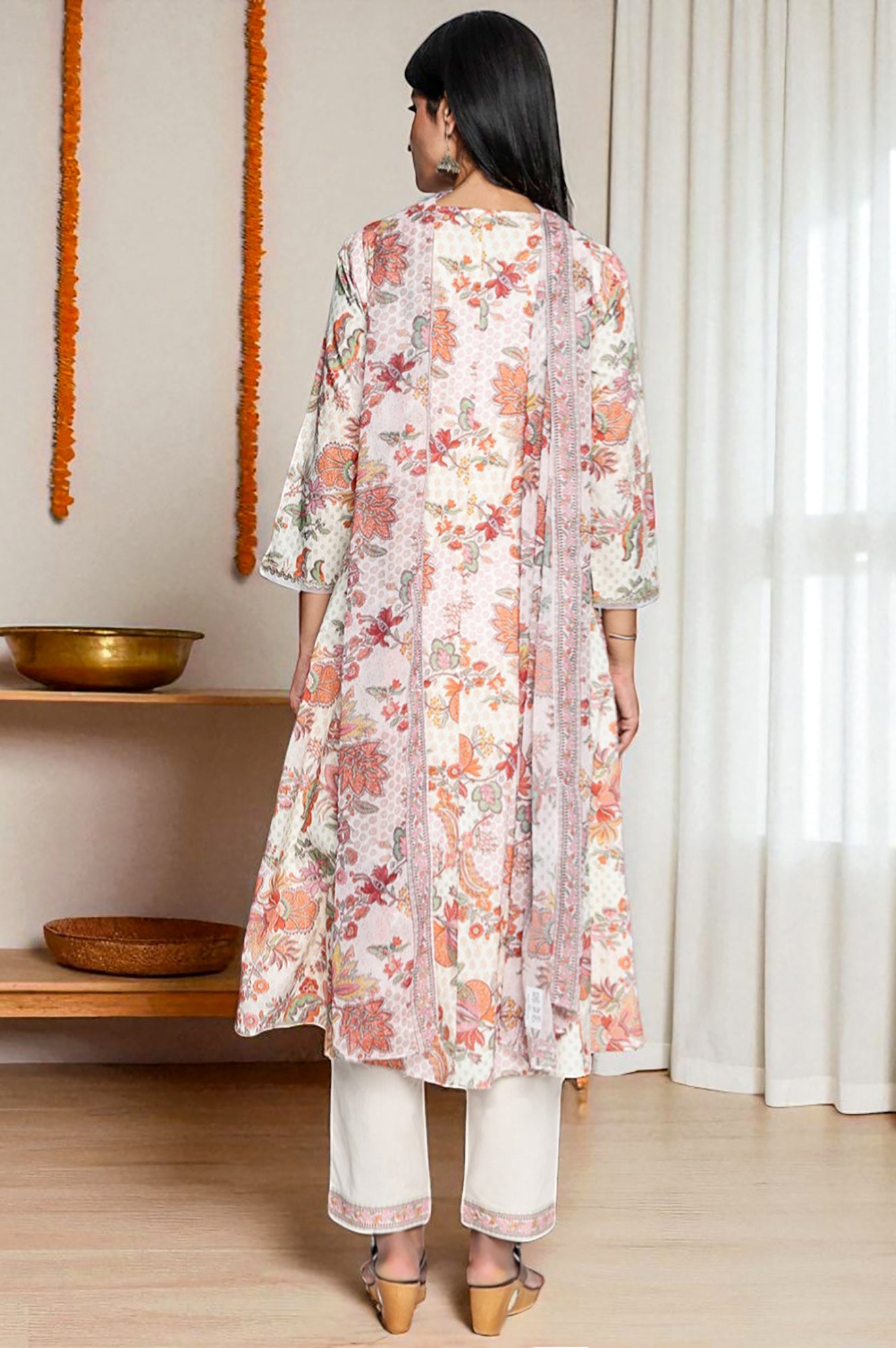 Seashell White Printed Pure Cotton Flared Kurta, Straight Pant and Dupatta Set