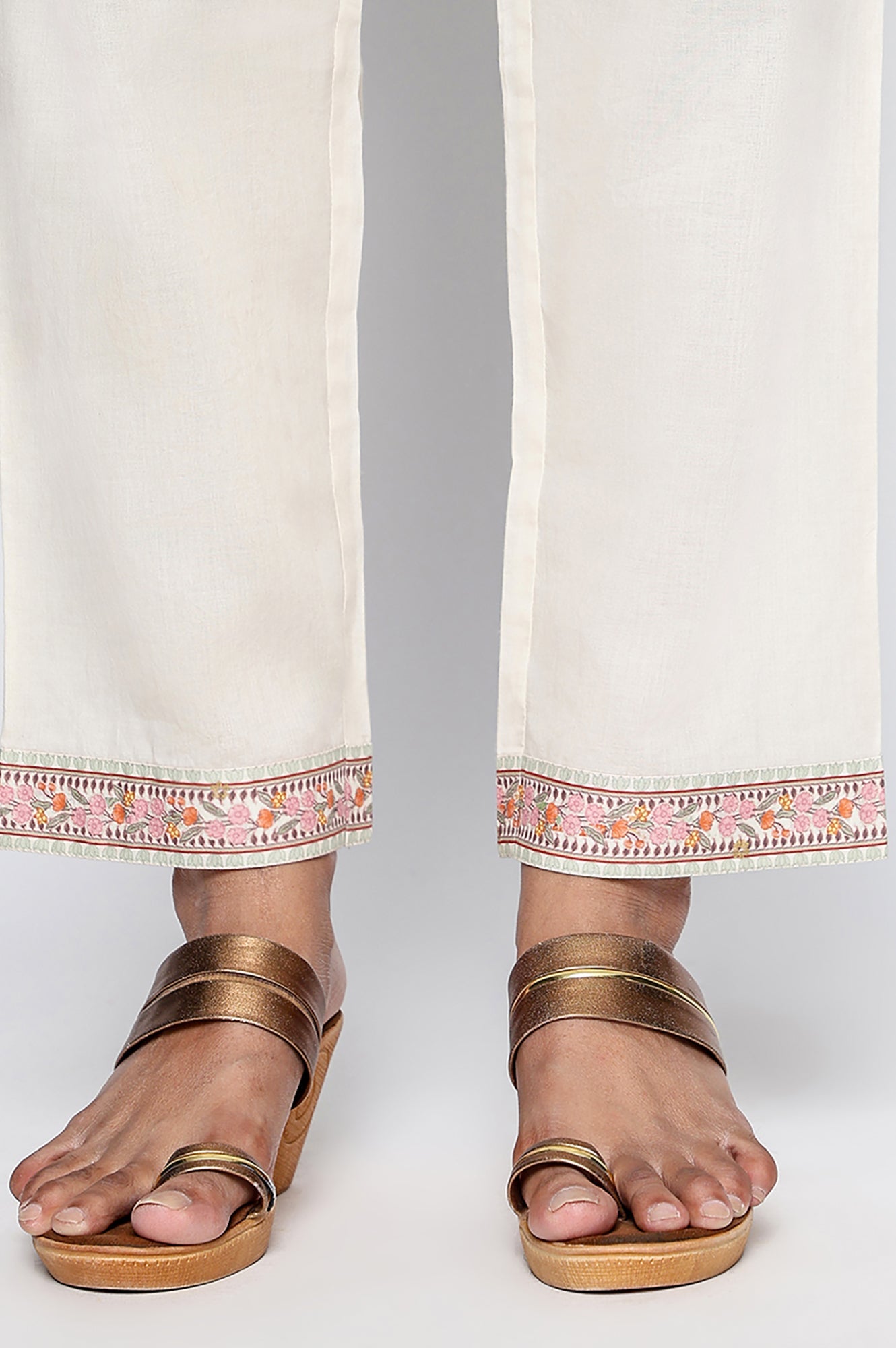 Seashell White Printed Pure Cotton Flared Kurta, Straight Pant and Dupatta Set