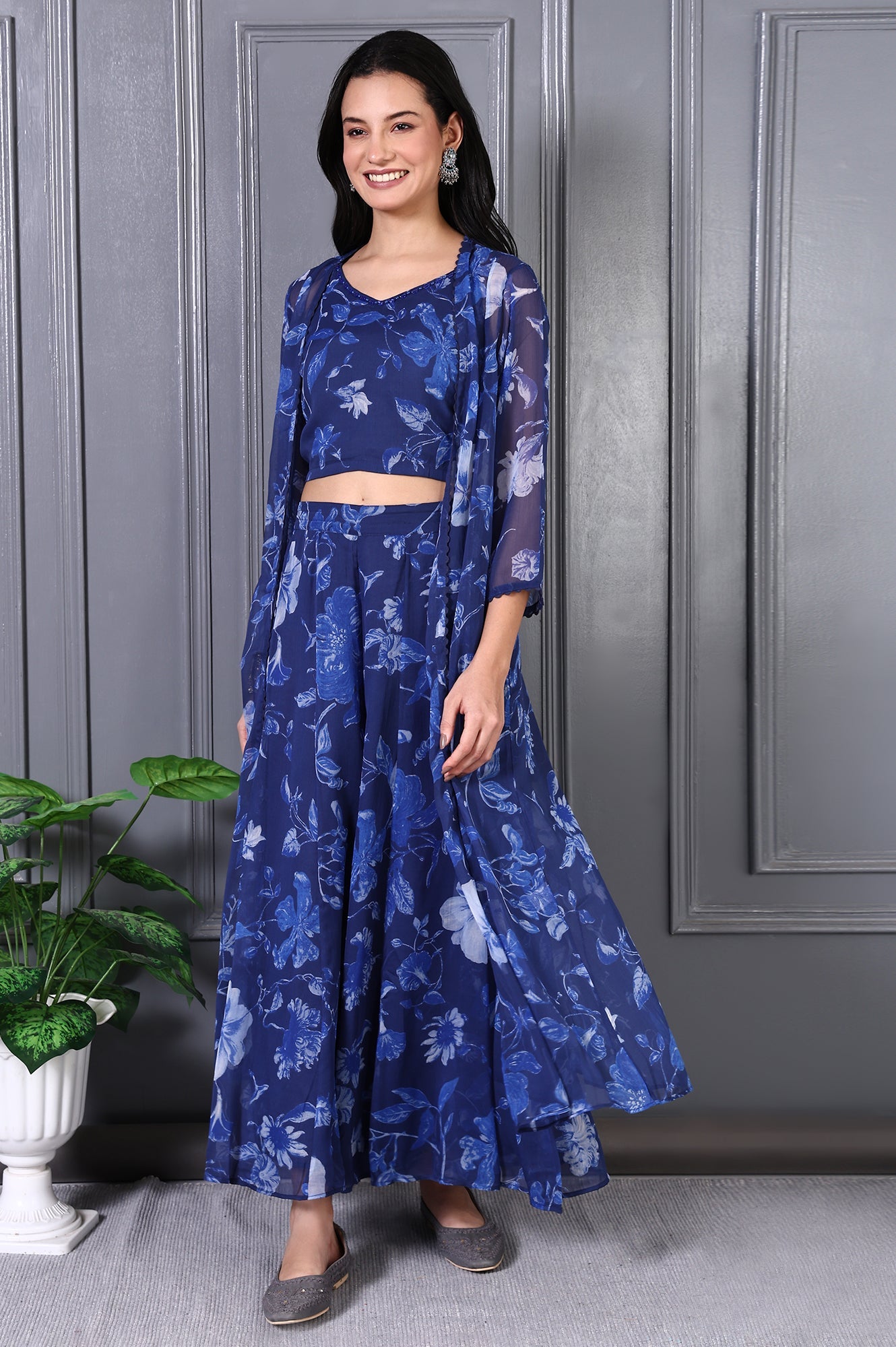 Blue Floral Printed Beads Chiffon Flared Crop Top, Jacket and Flared Pants Set