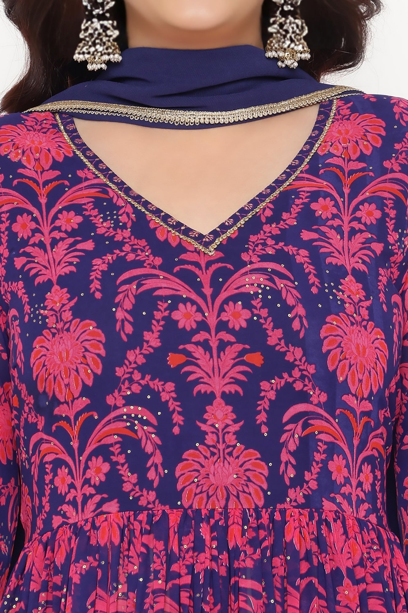 Pink Printed Georgette Flared Kurta, Flared Pant and Dupatta Set